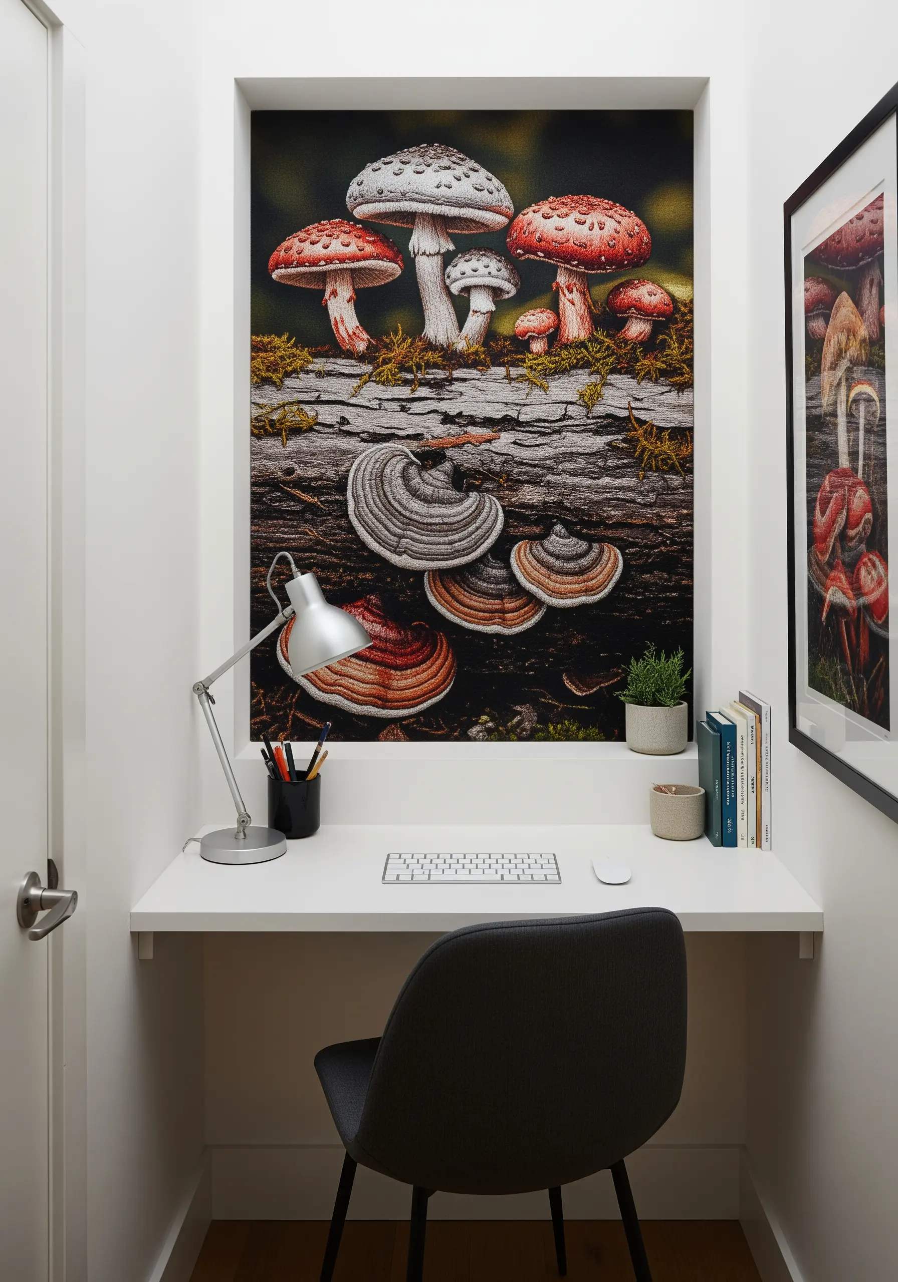 Realistic embroidery of various types of mushrooms growing on a mossy log in a desk nook.