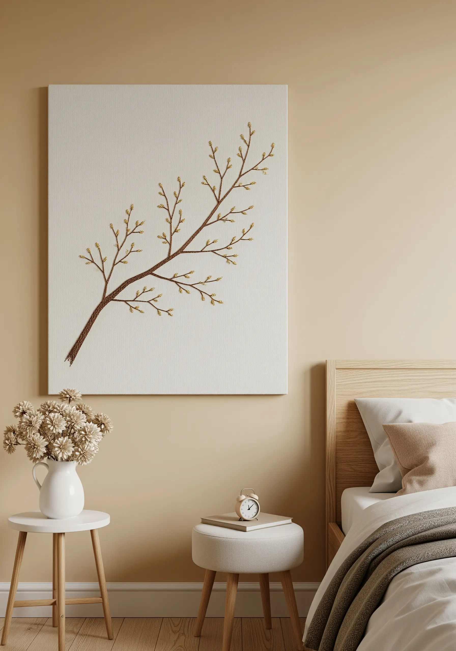 A canvas embroidered with a tree branch in brown thread, featuring small gold buds.