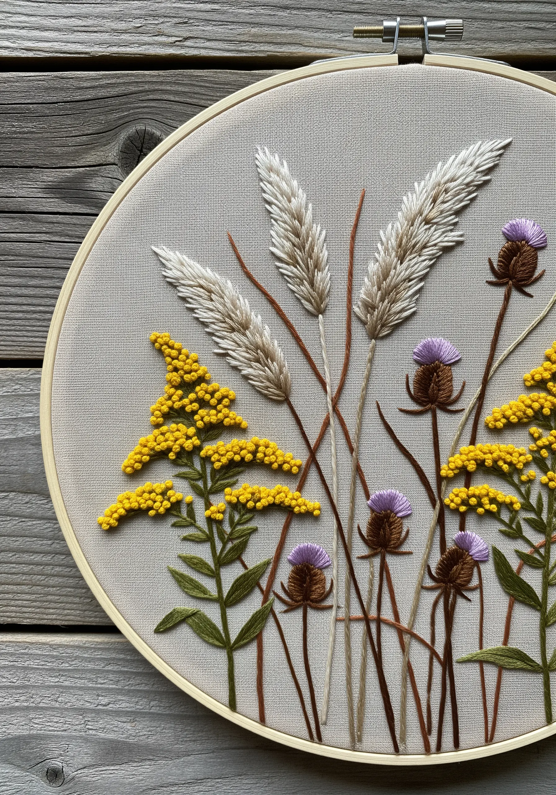 Embroidery detail of thistles, goldenrod, and feathery grasses on light grey fabric.
