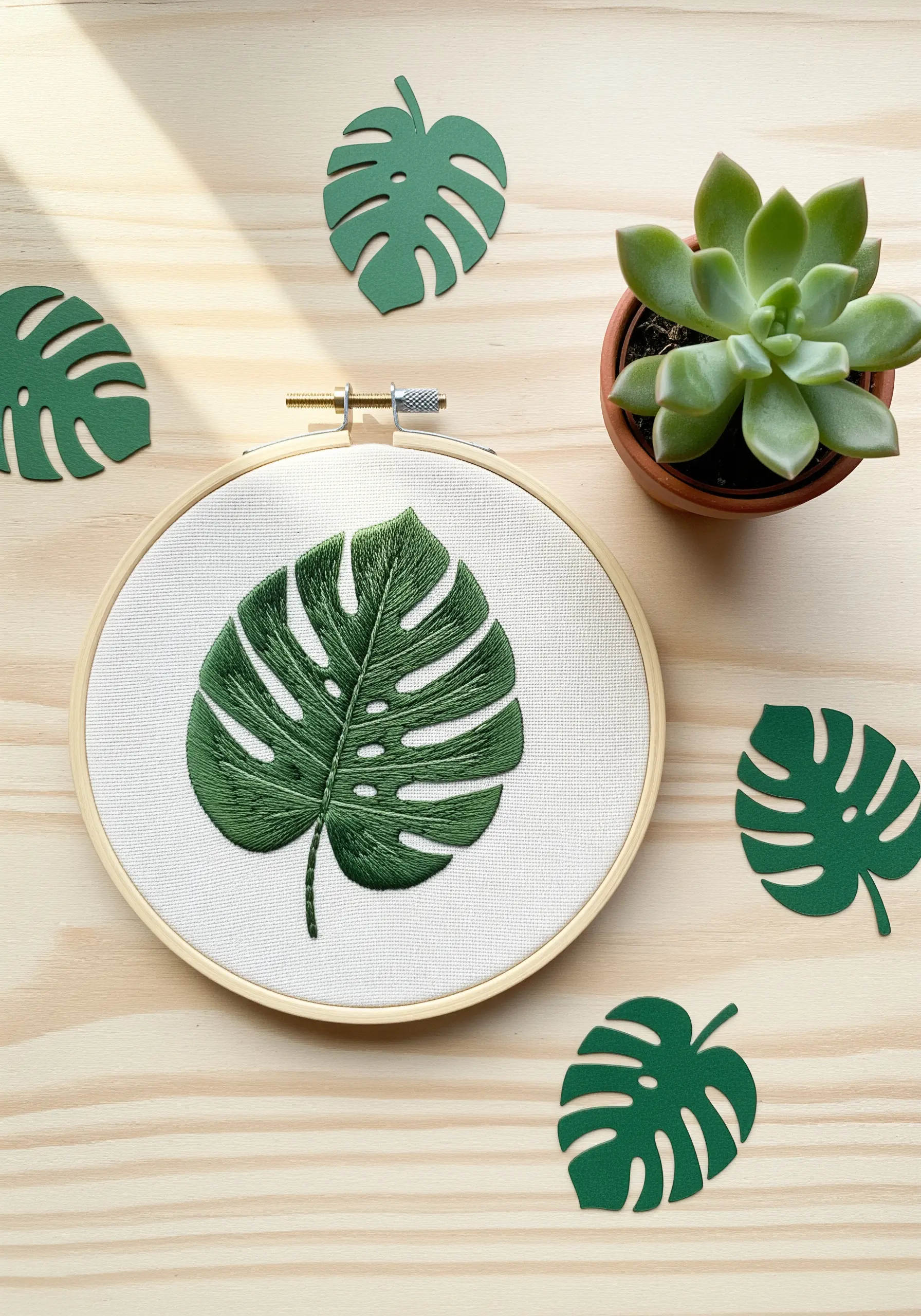 A realistic Monstera leaf embroidered in an embroidery hoop, showing detailed stitch direction.