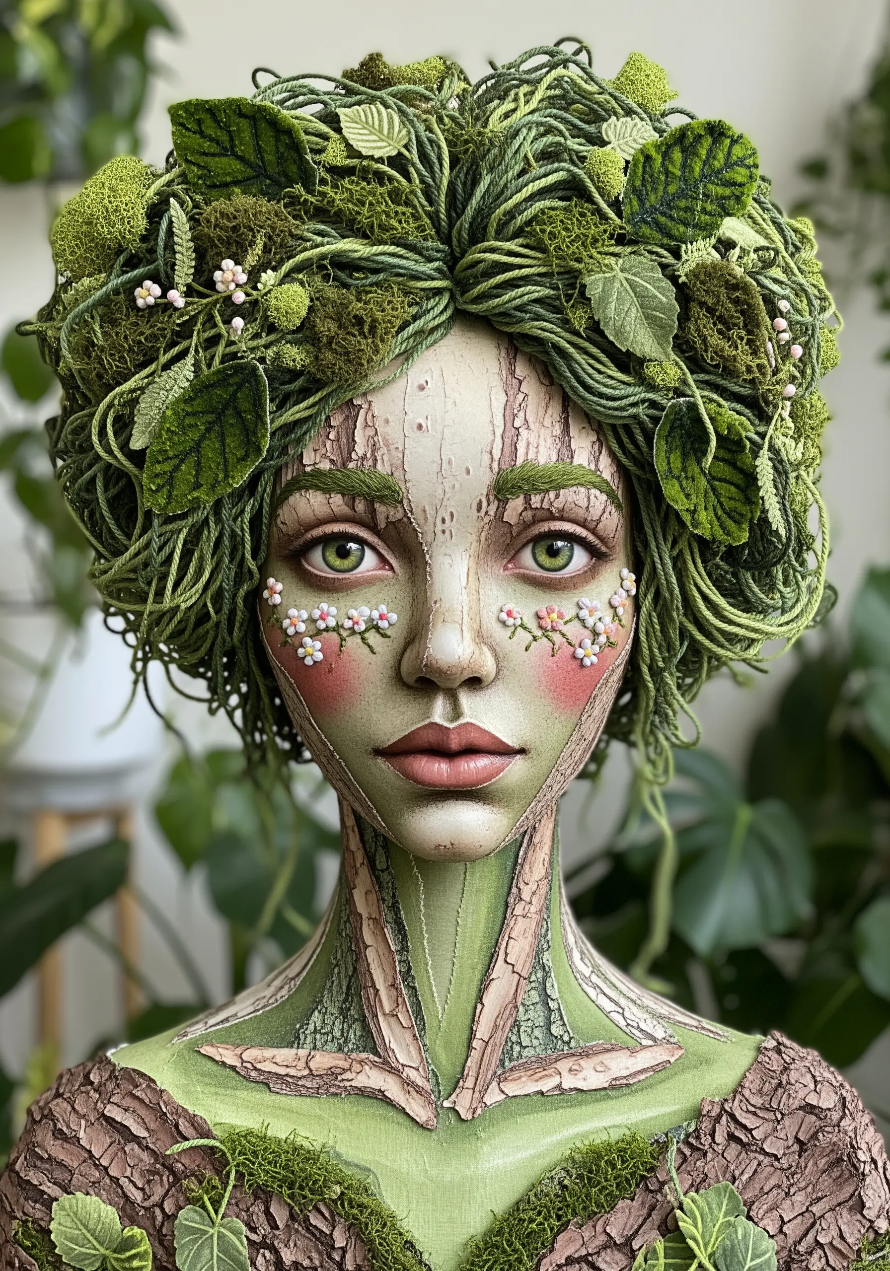 Nature-inspired portrait with hair made of green yarn and moss, and skin like tree bark.