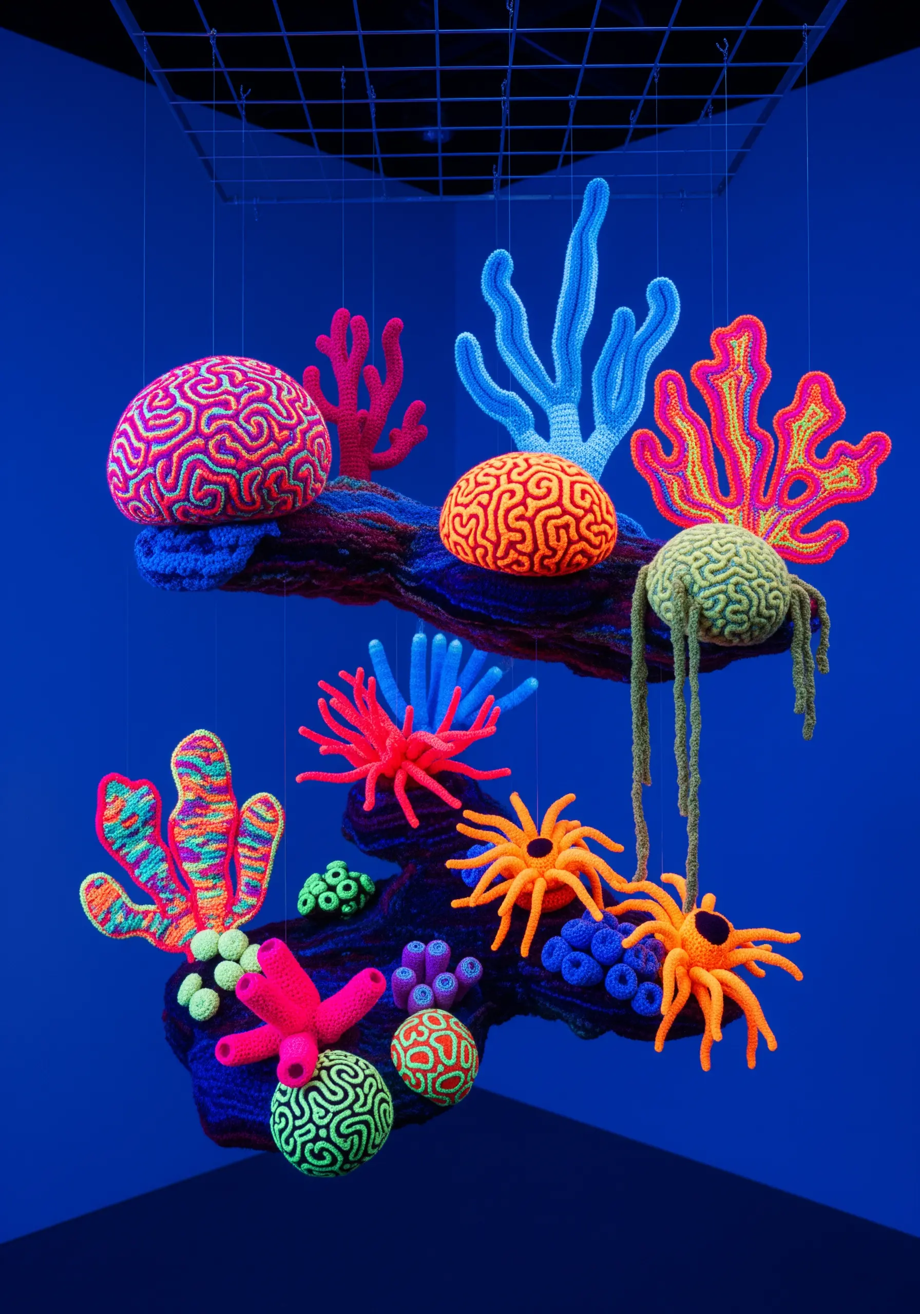 A crocheted coral reef installation with vibrant neon pink, orange, and blue organic shapes.