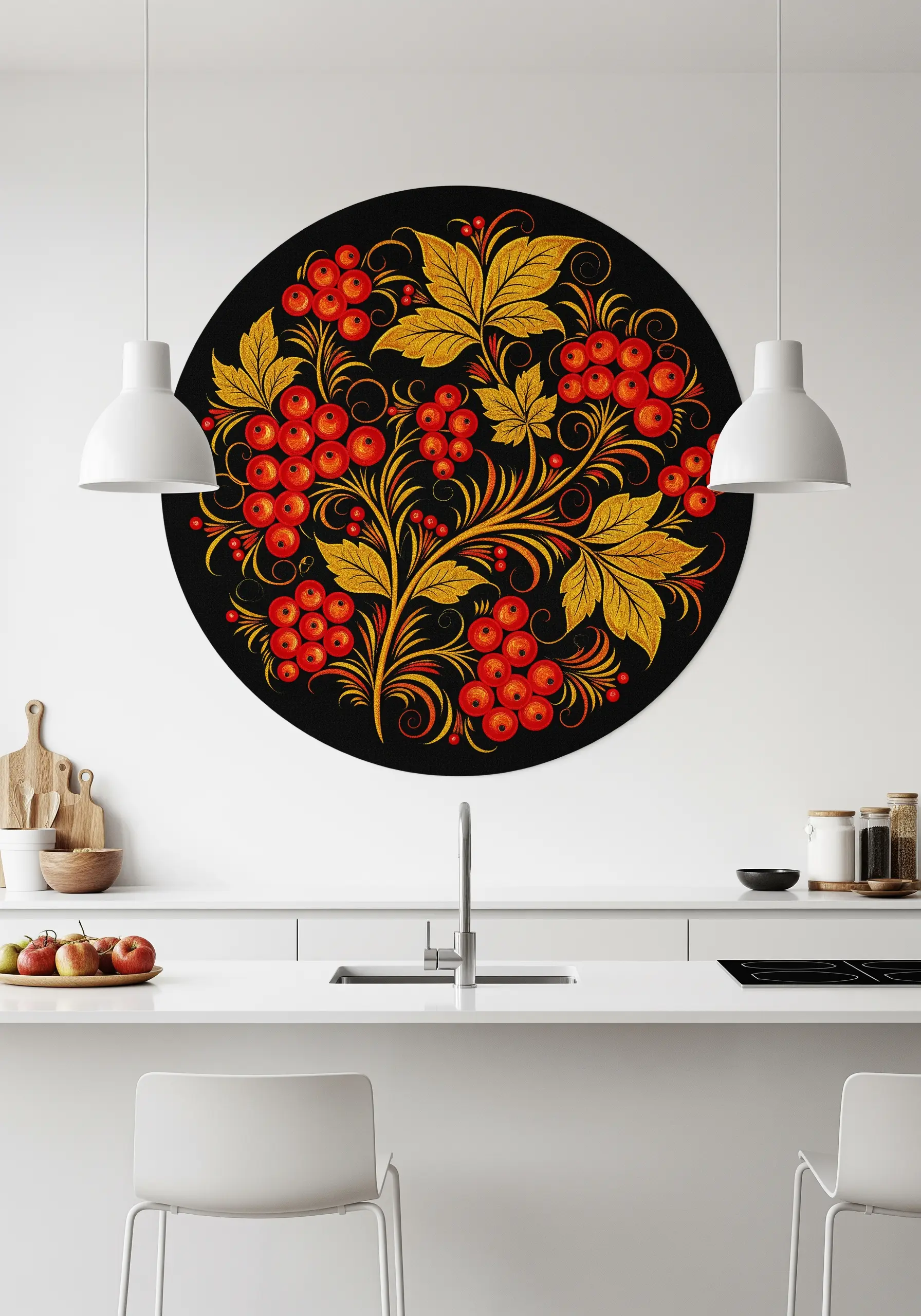 A large, circular embroidery inspired by Russian Khokhloma, with gold and red on black.