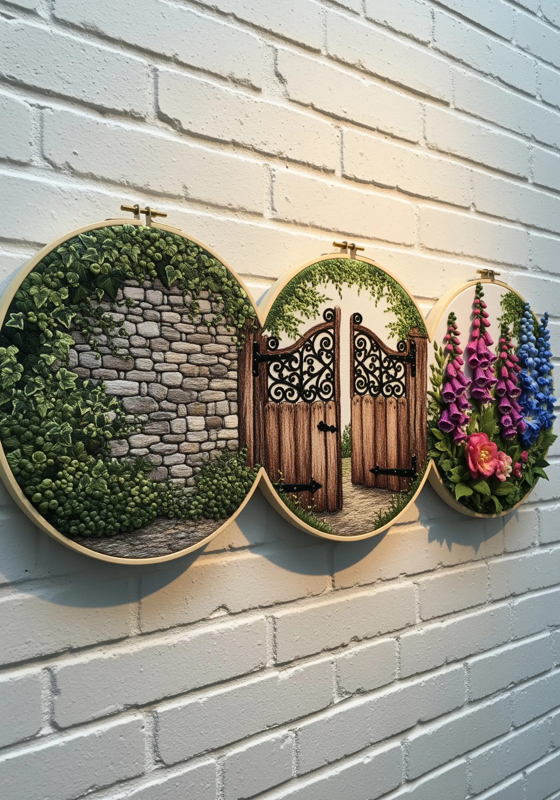 A garden scene across three hoops, showing a stone wall, an open gate, and foxgloves.