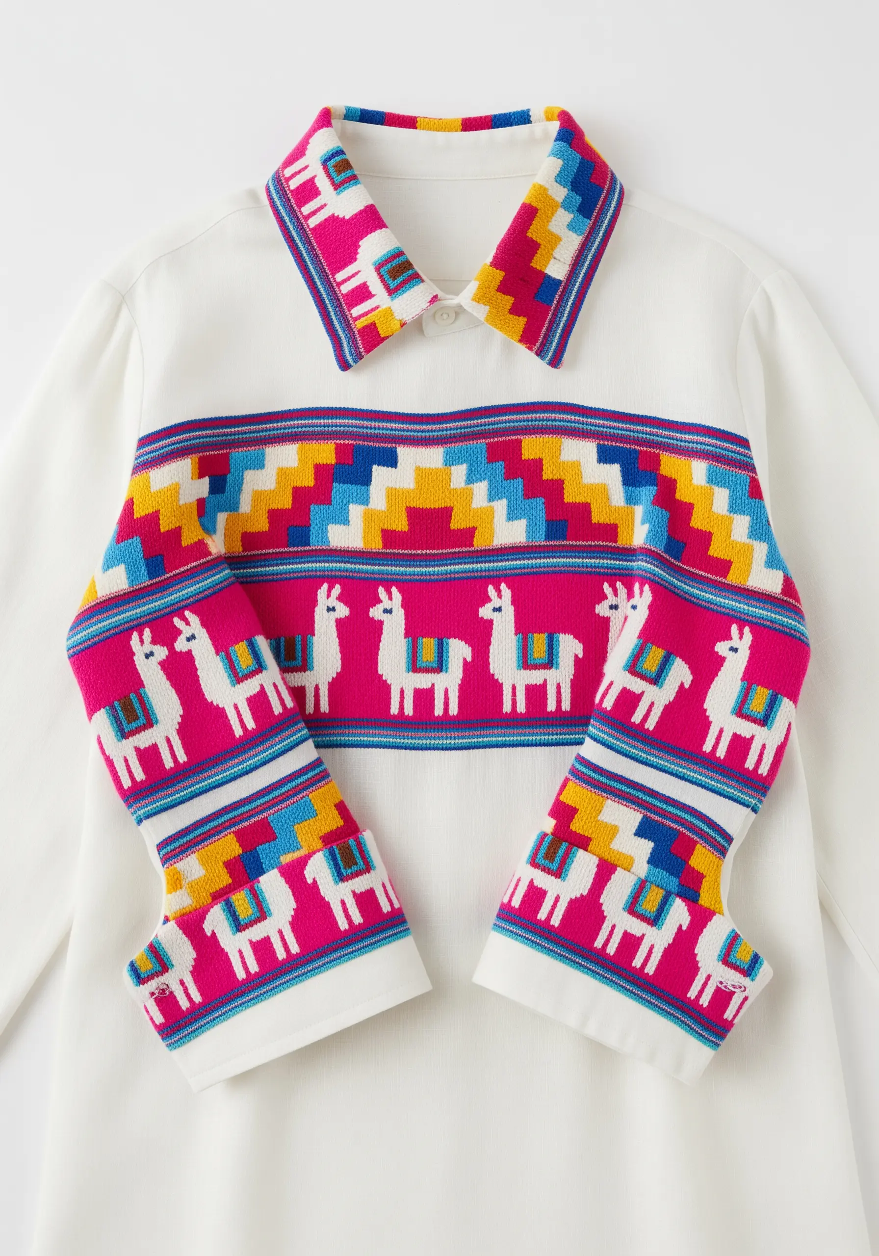 Colorful Peruvian-inspired embroidery with llama motifs and geometric patterns on a white shirt.
