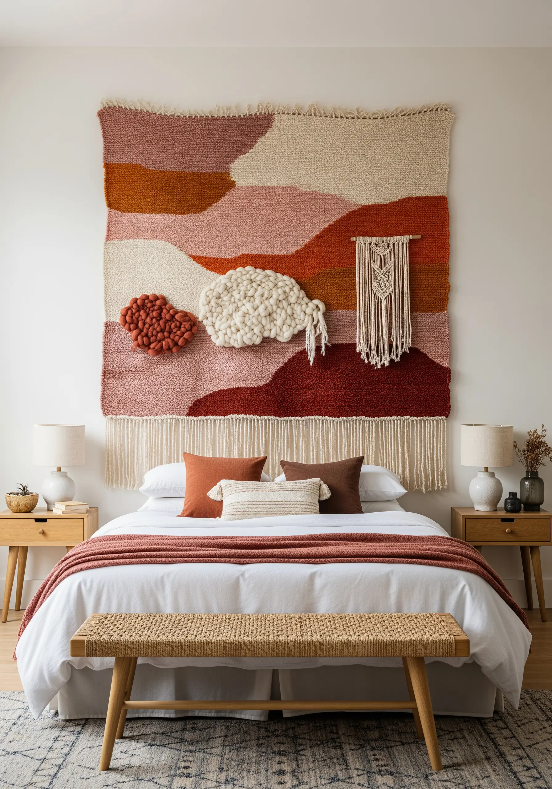 A large, abstract punch needle wall hanging in warm earth tones above a bed.