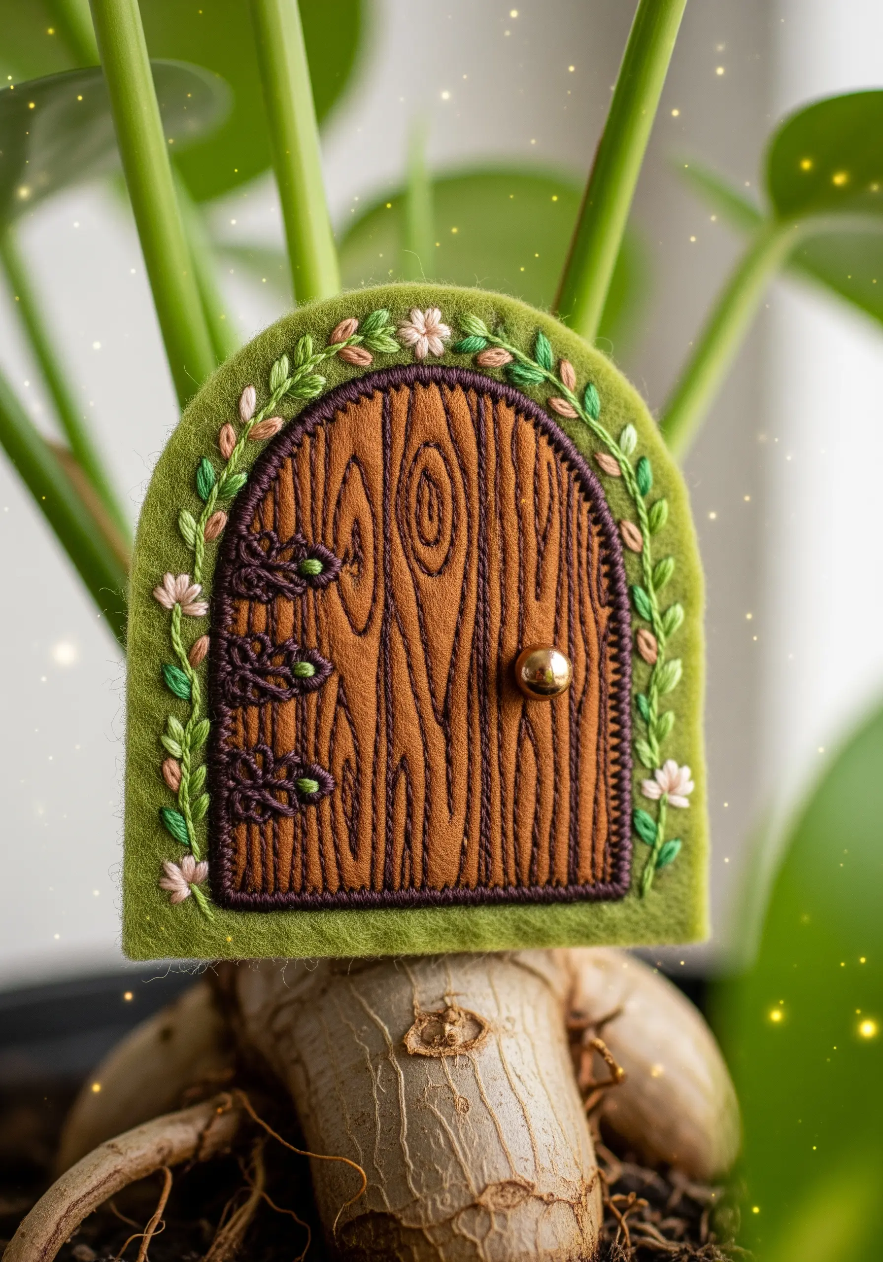 An embroidered fairy door with realistic wood grain stitching and a floral vine border.