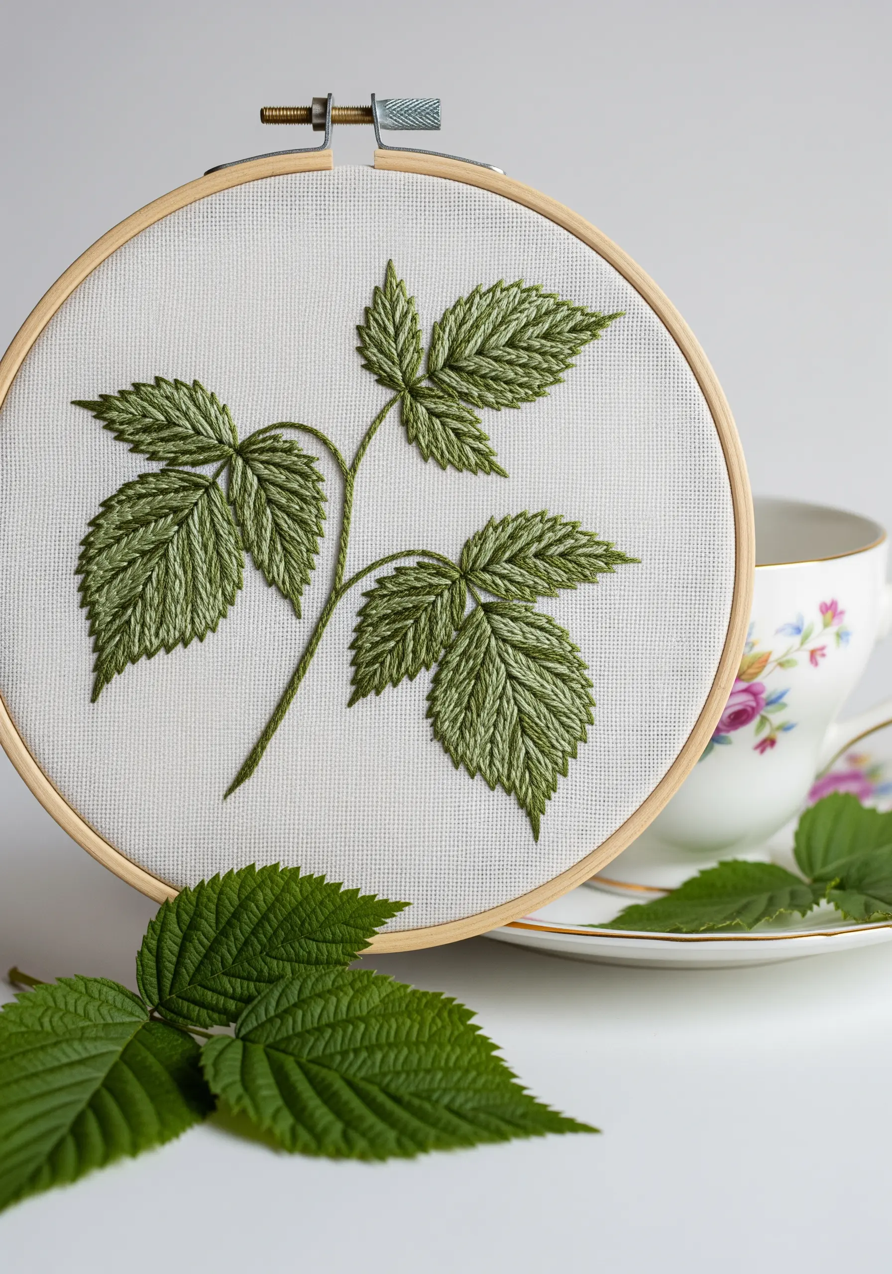 Realistically embroidered raspberry leaves with detailed directional thread painting.