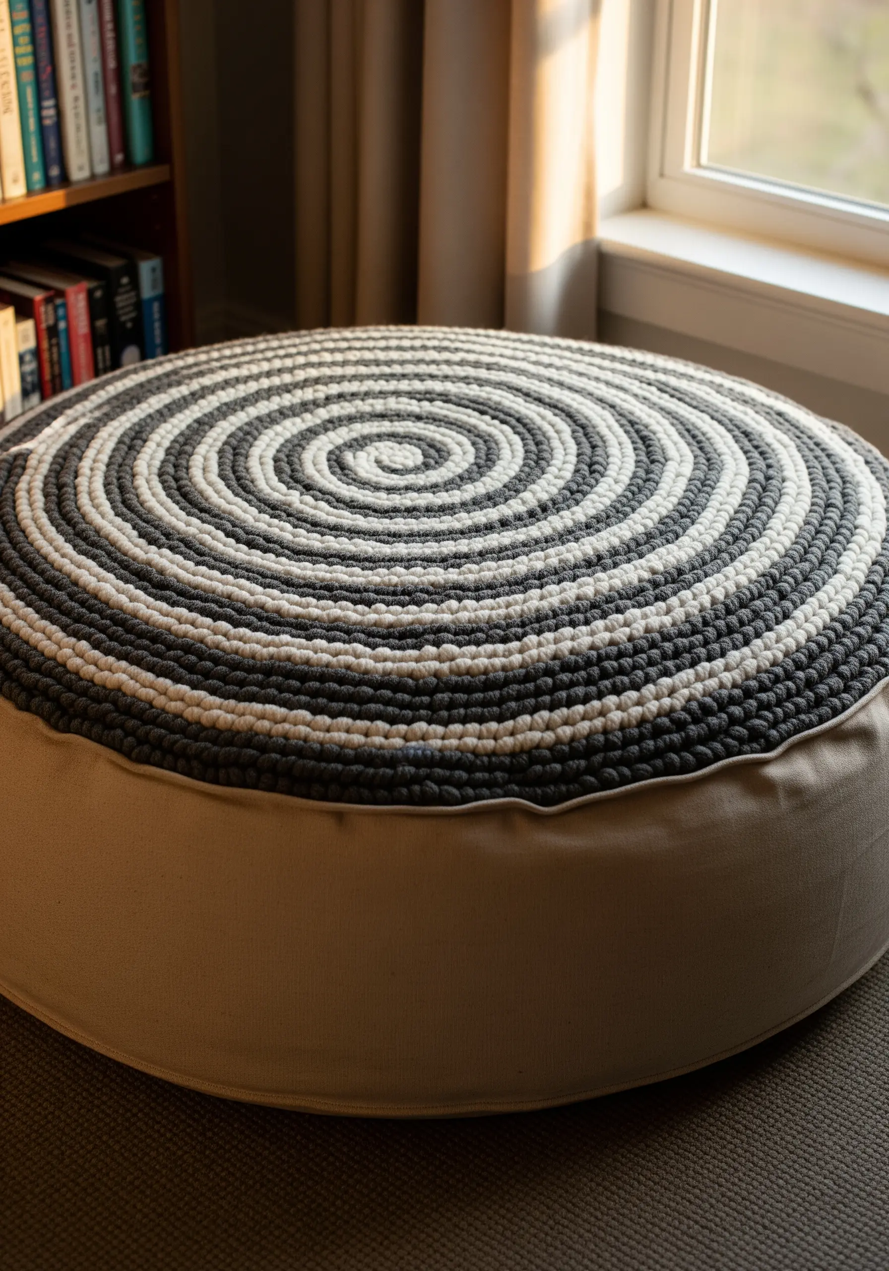 A round floor pouf with a top covered in a black and white spiral of thick cord.
