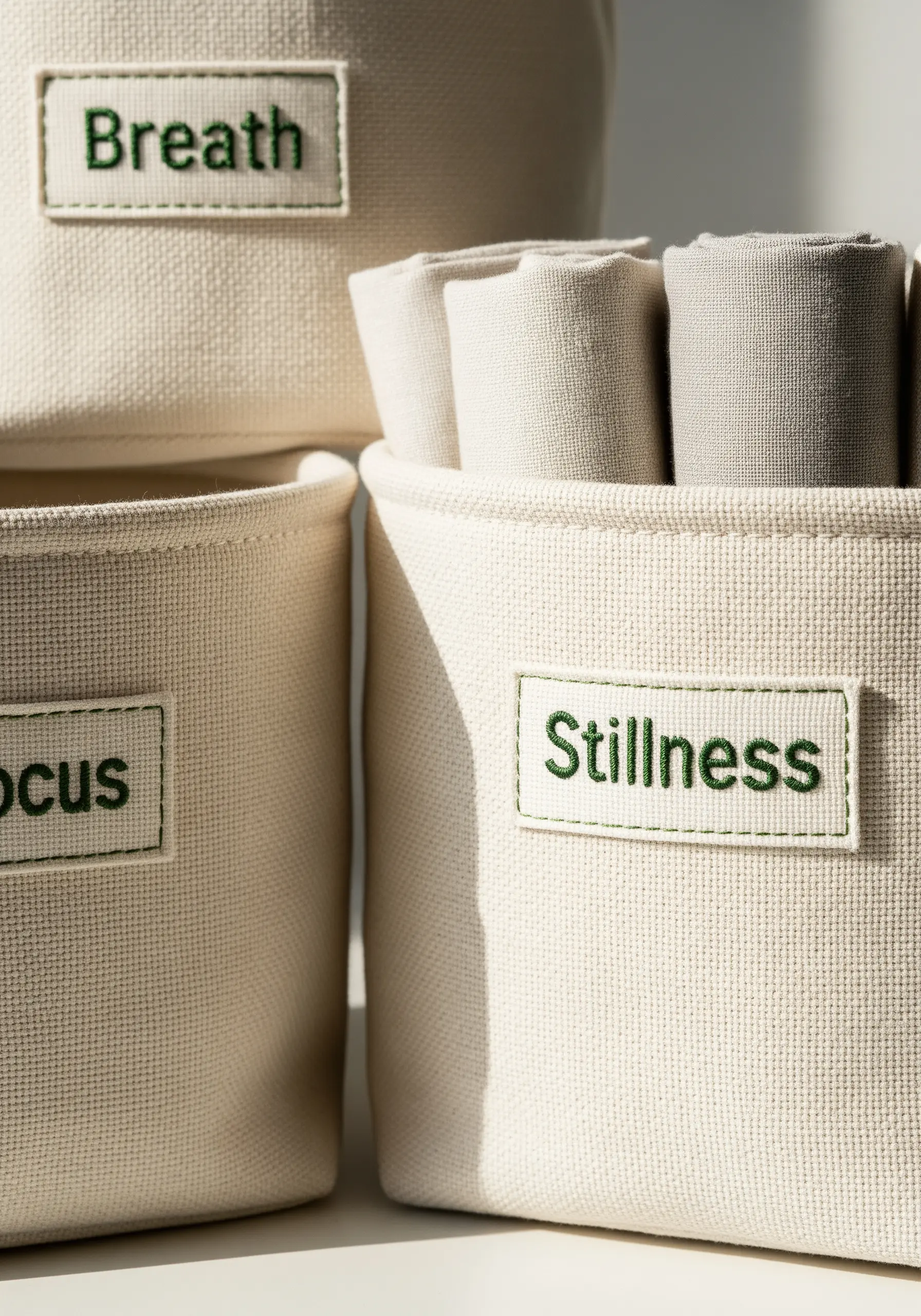 Canvas storage bins with embroidered labels reading 'Breath,' 'Focus,' and 'Stillness.'