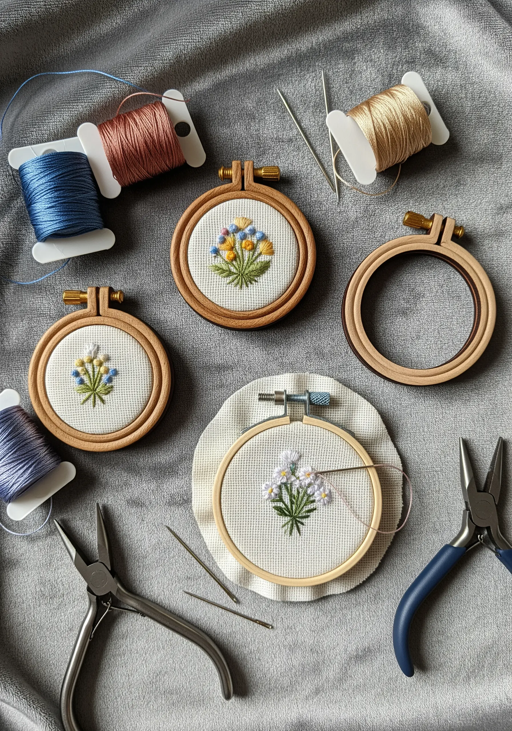 Several tiny embroidery hoops with small floral bouquets stitched on white cloth.