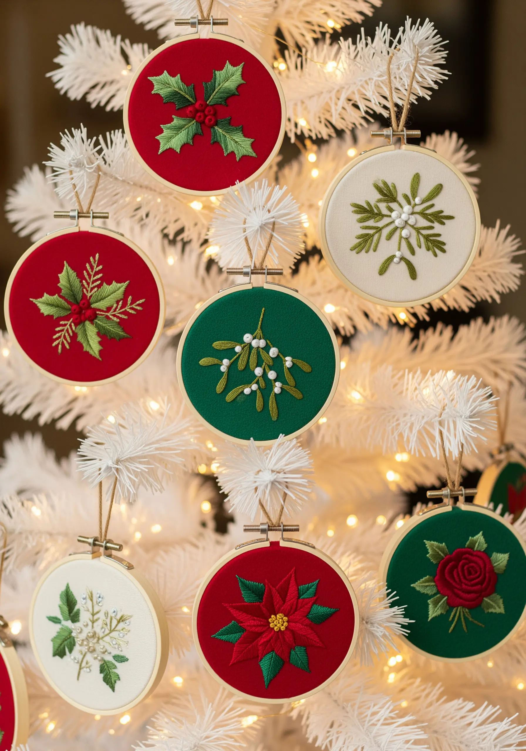 A collection of small hoop ornaments featuring embroidered holly, mistletoe, and poinsettias.