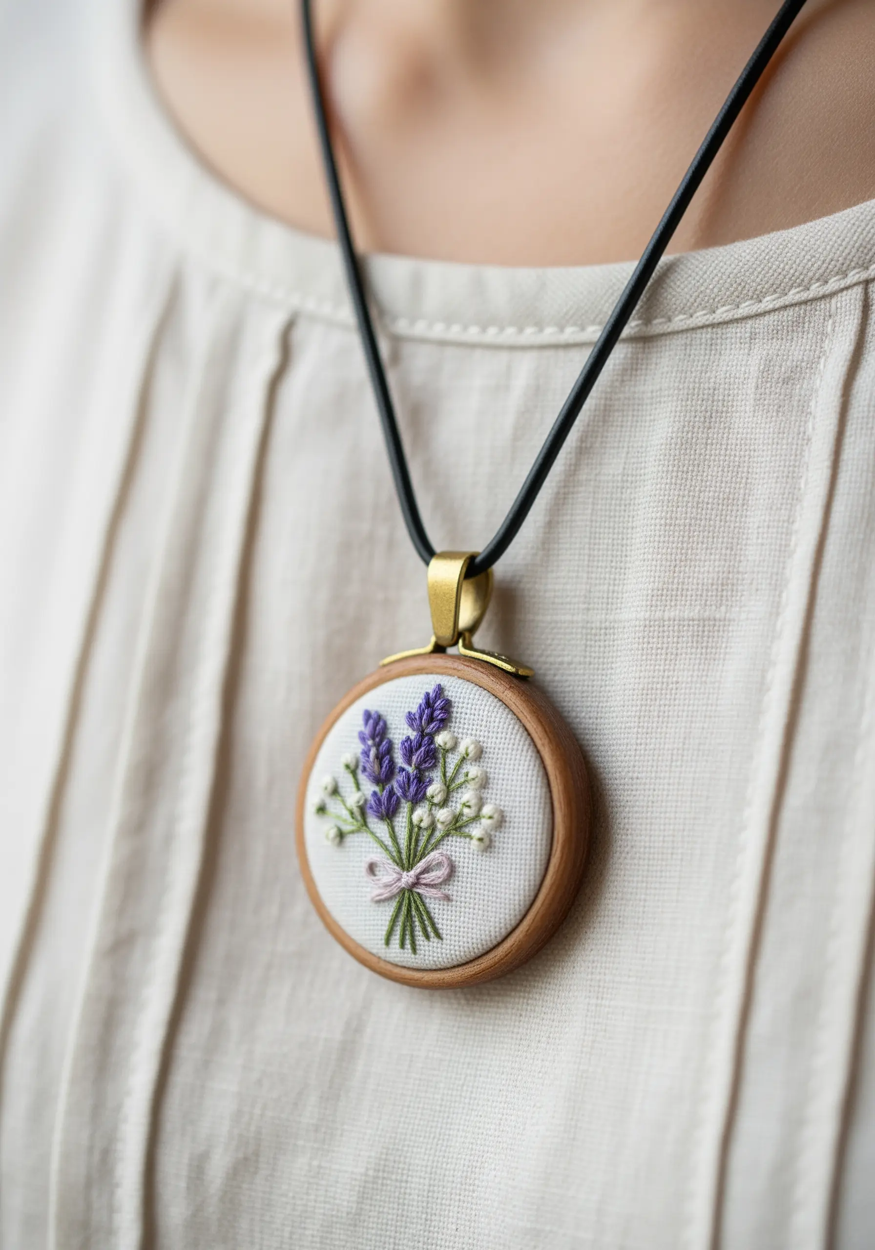 A small embroidery hoop pendant necklace with a miniature bouquet of lavender and white flowers.