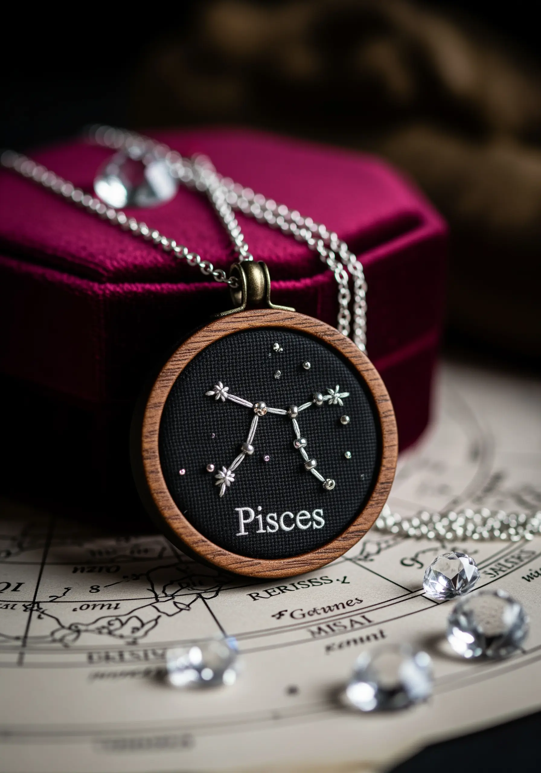 A small wooden embroidery hoop necklace with the Pisces constellation stitched in silver.