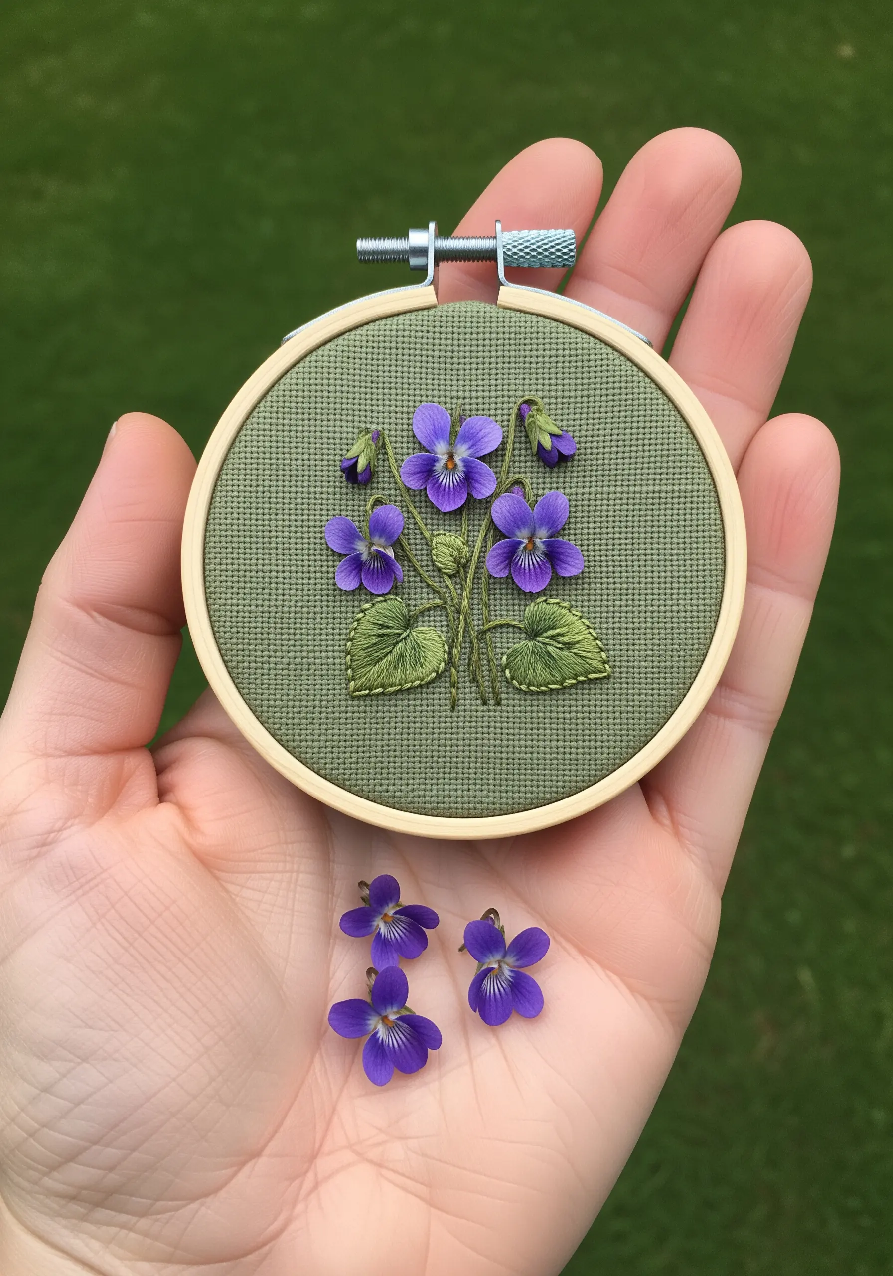 A small bouquet of embroidered purple violets with detailed petals held in a hand.