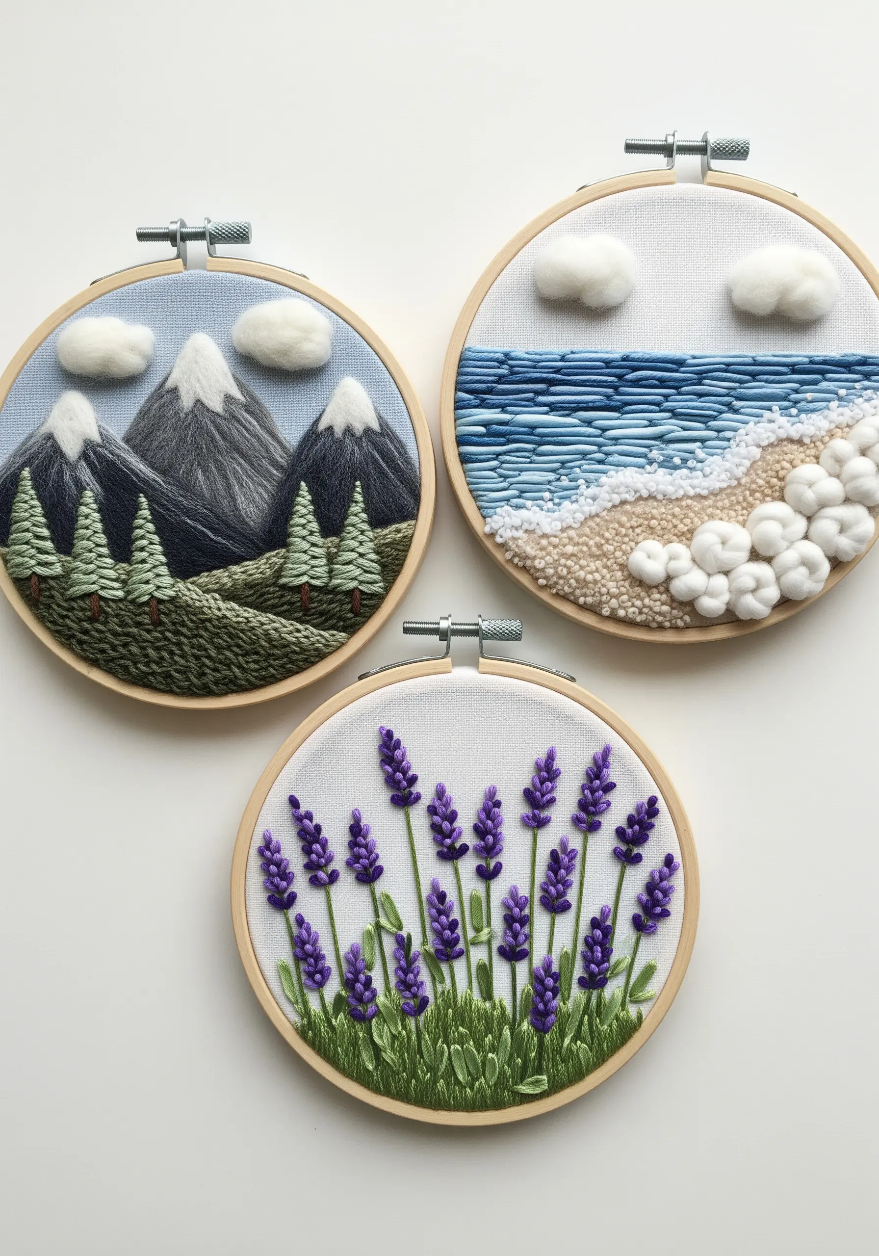 Three embroidery hoops with landscape scenes using needle felting for clouds and sea foam.