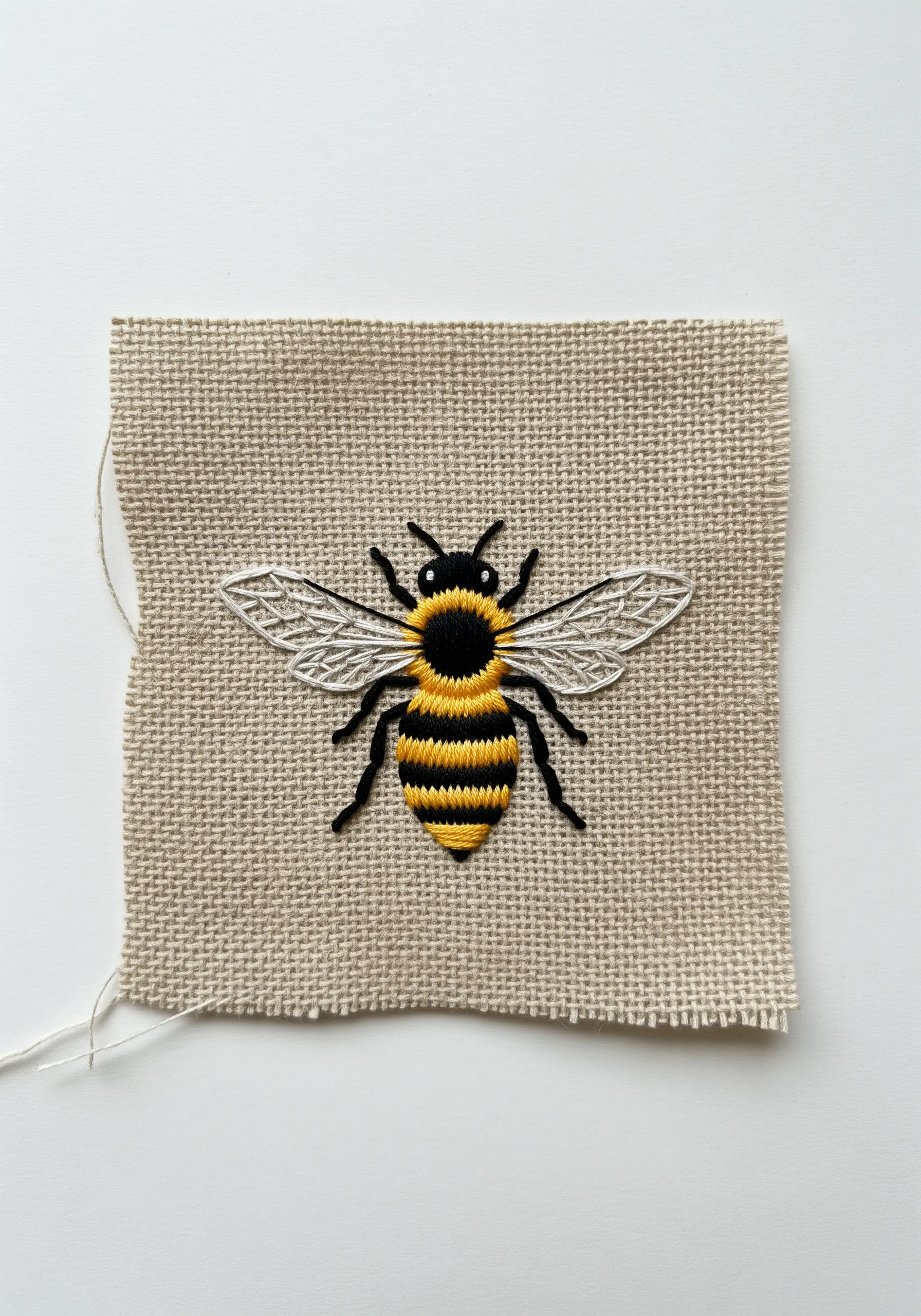 A realistic bee embroidered with detailed long-and-short stitch and delicate wings.