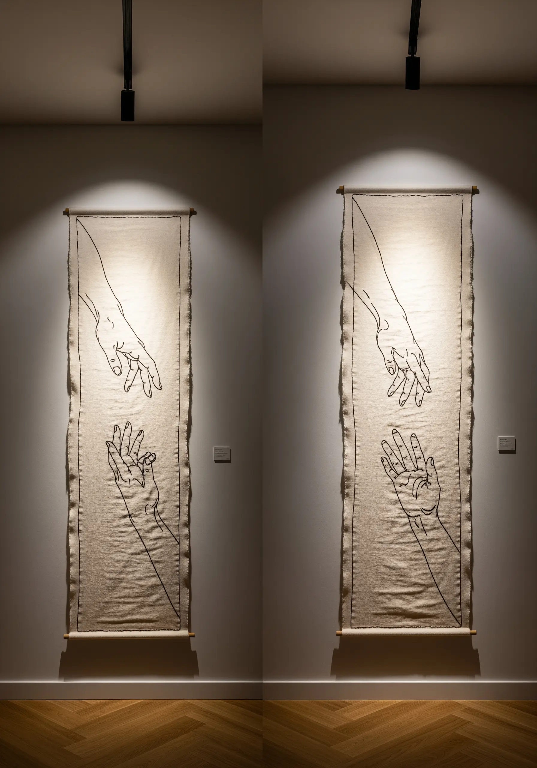 Two vertical banners featuring line art embroidery of reaching hands