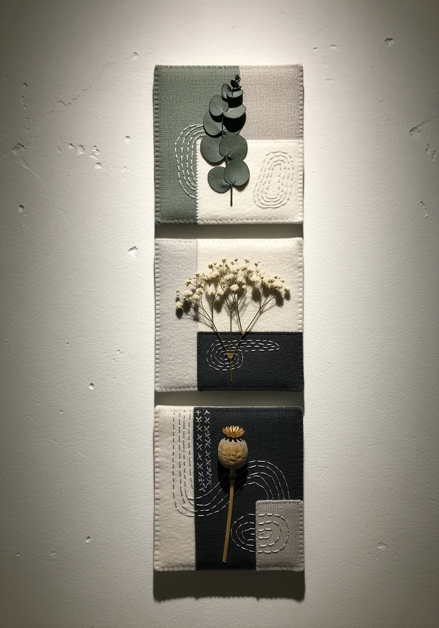 A triptych of fabric panels, each featuring a dried botanical and minimal white stitching.
