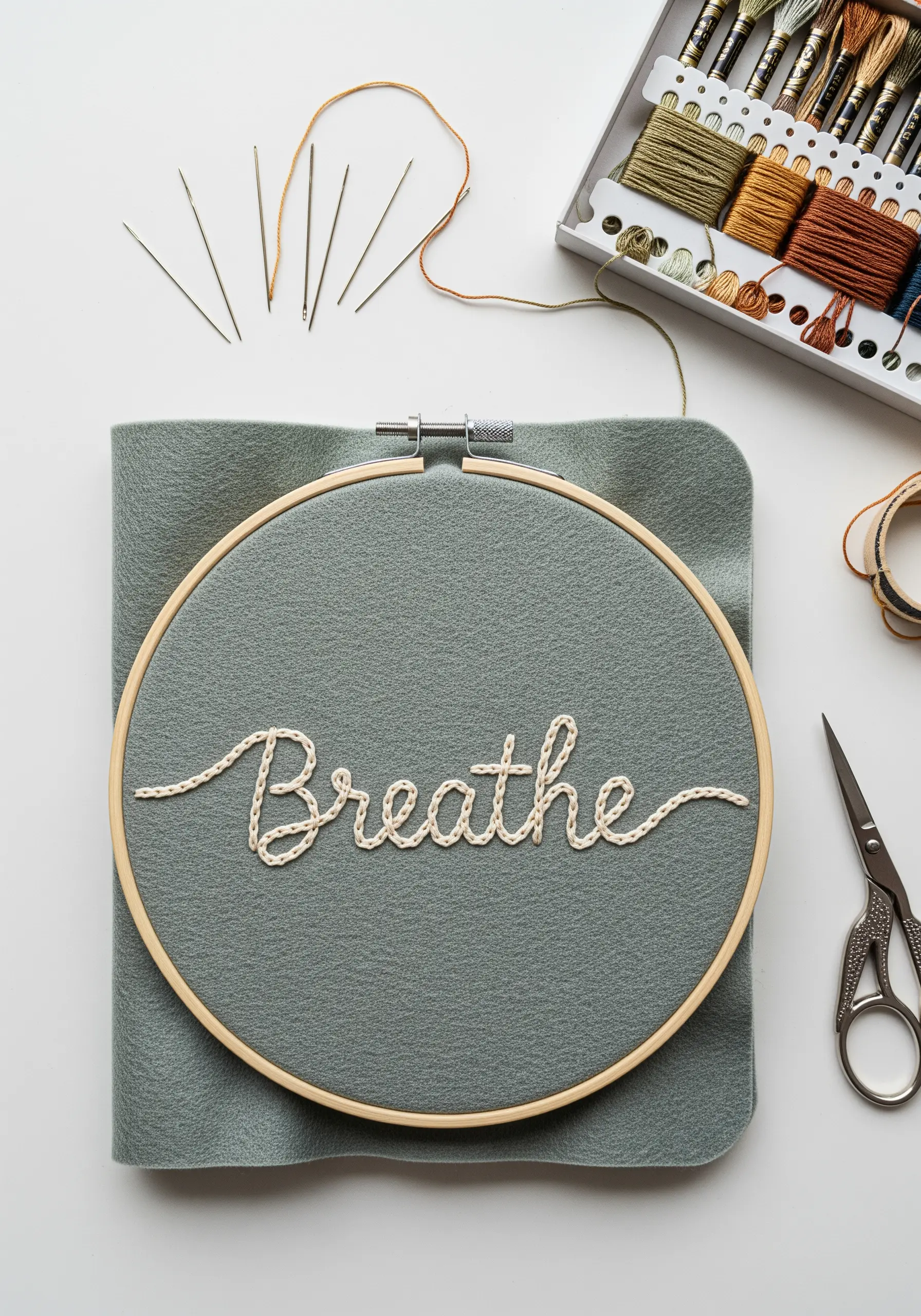 The word 'Breathe' embroidered in cream thread on grey felt in a wooden hoop.