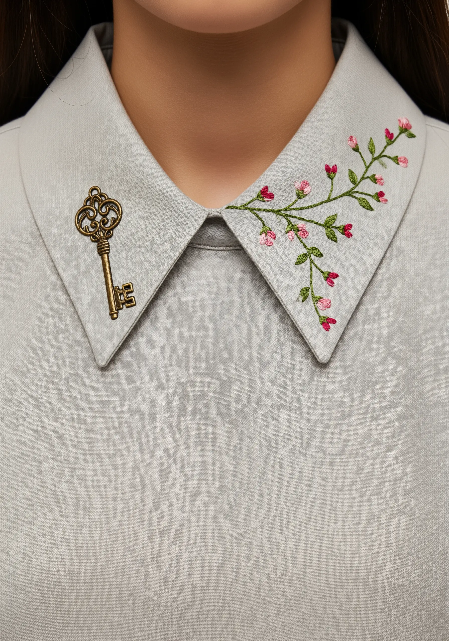 A single, minimalist branch with pink buds embroidered on one side of a grey collar.