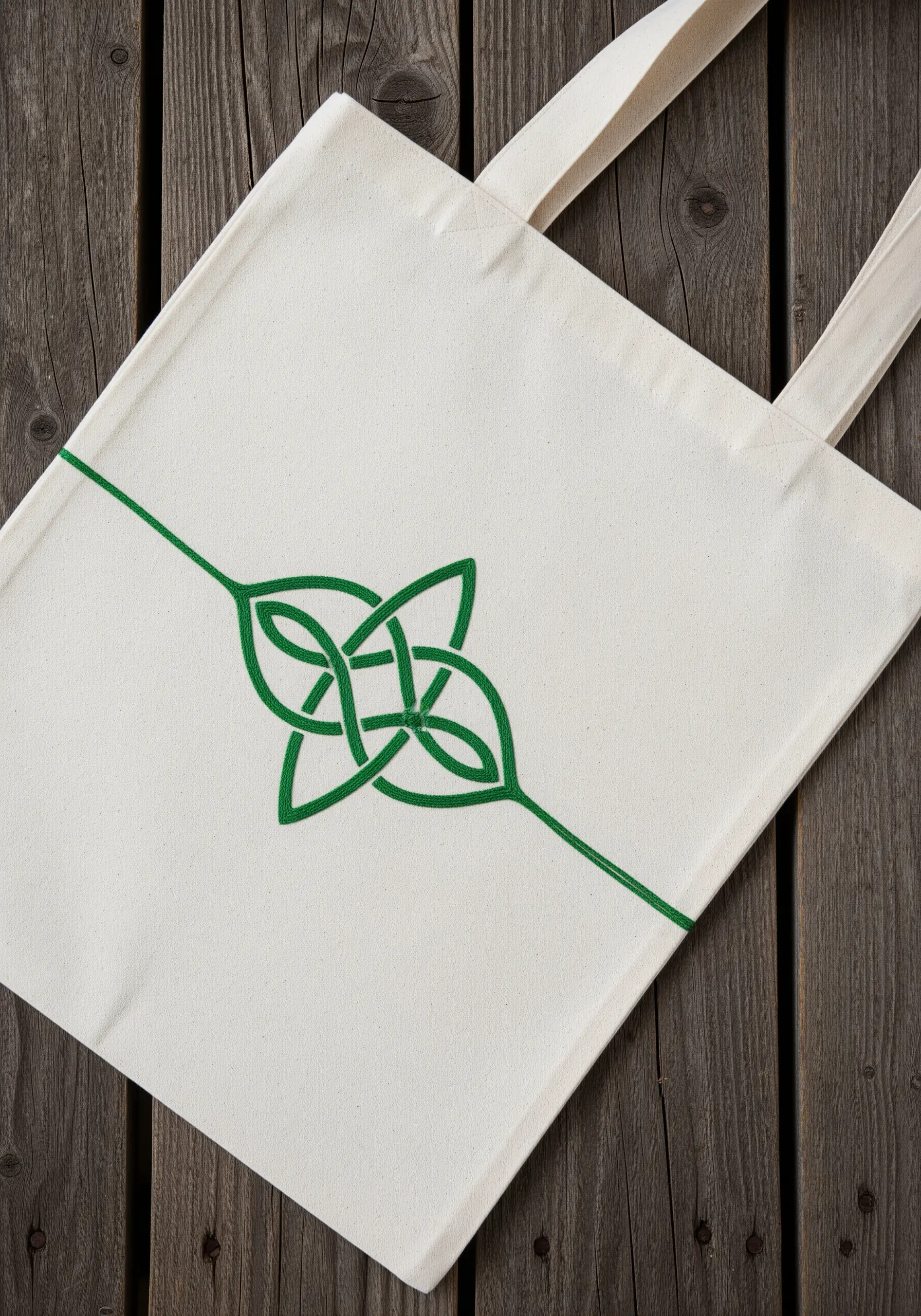 A minimalist green Celtic love knot embroidered in the center of a canvas tote bag.