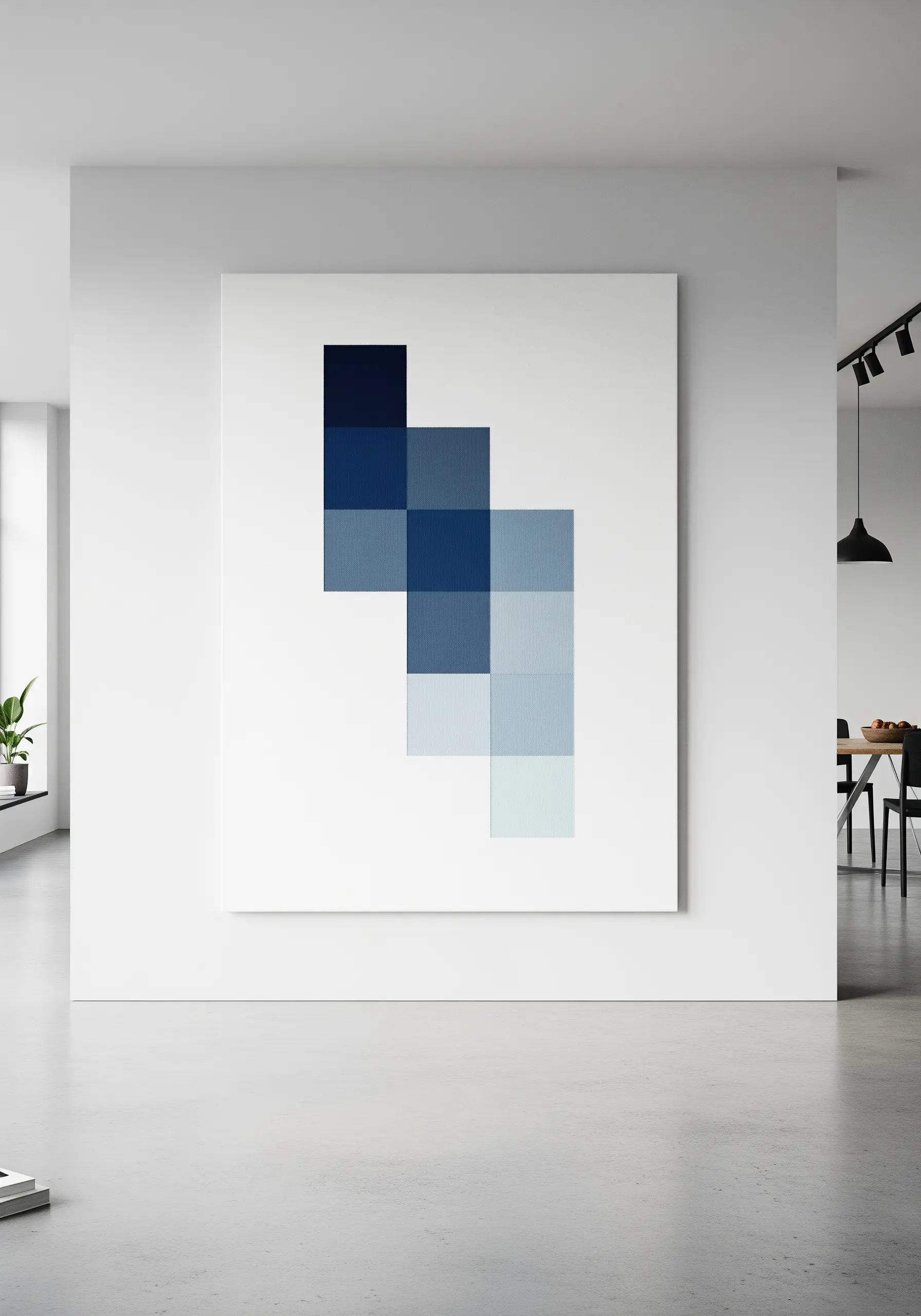 A minimalist white canvas with a stepped pattern of five blue squares in a gradient.