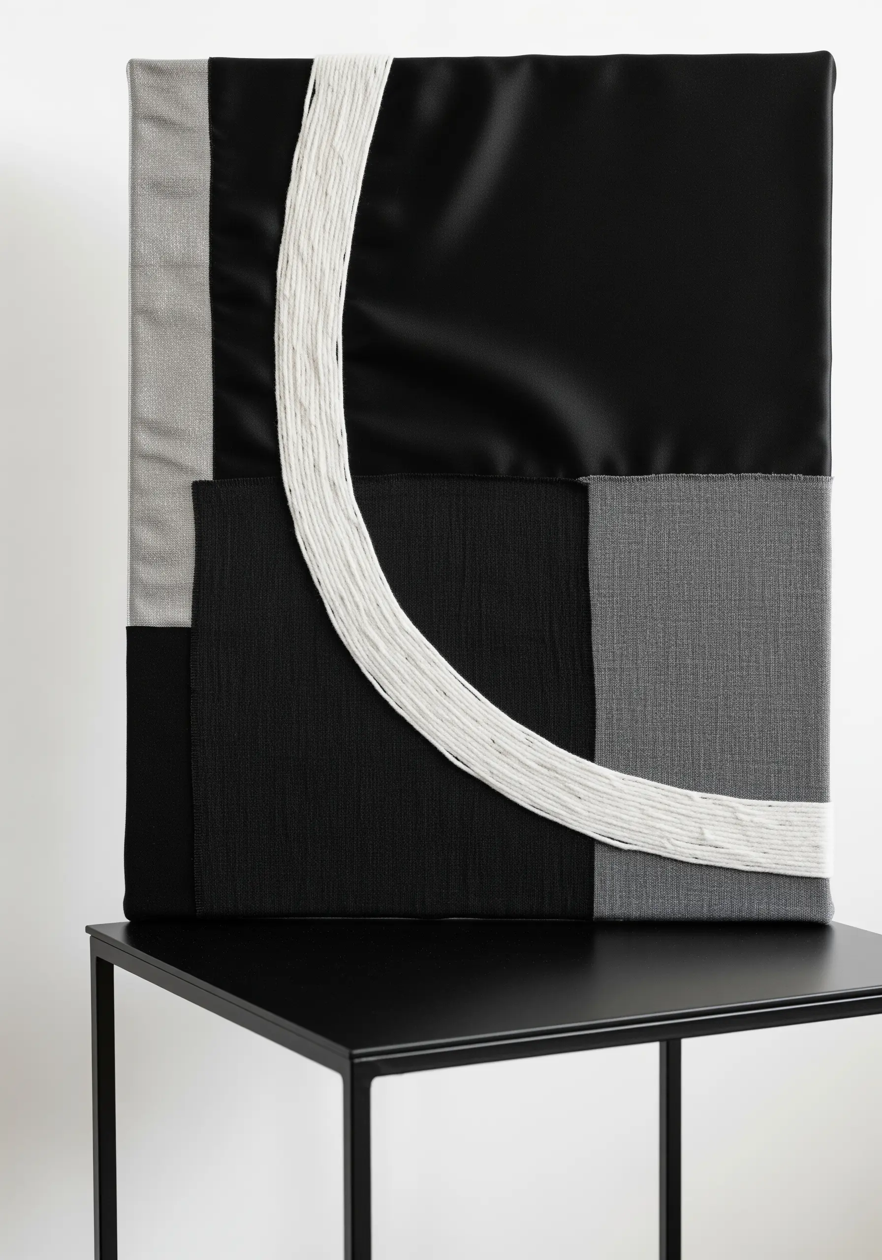 A thick white wool roving curve wrapped around a minimalist black and grey fabric canvas.