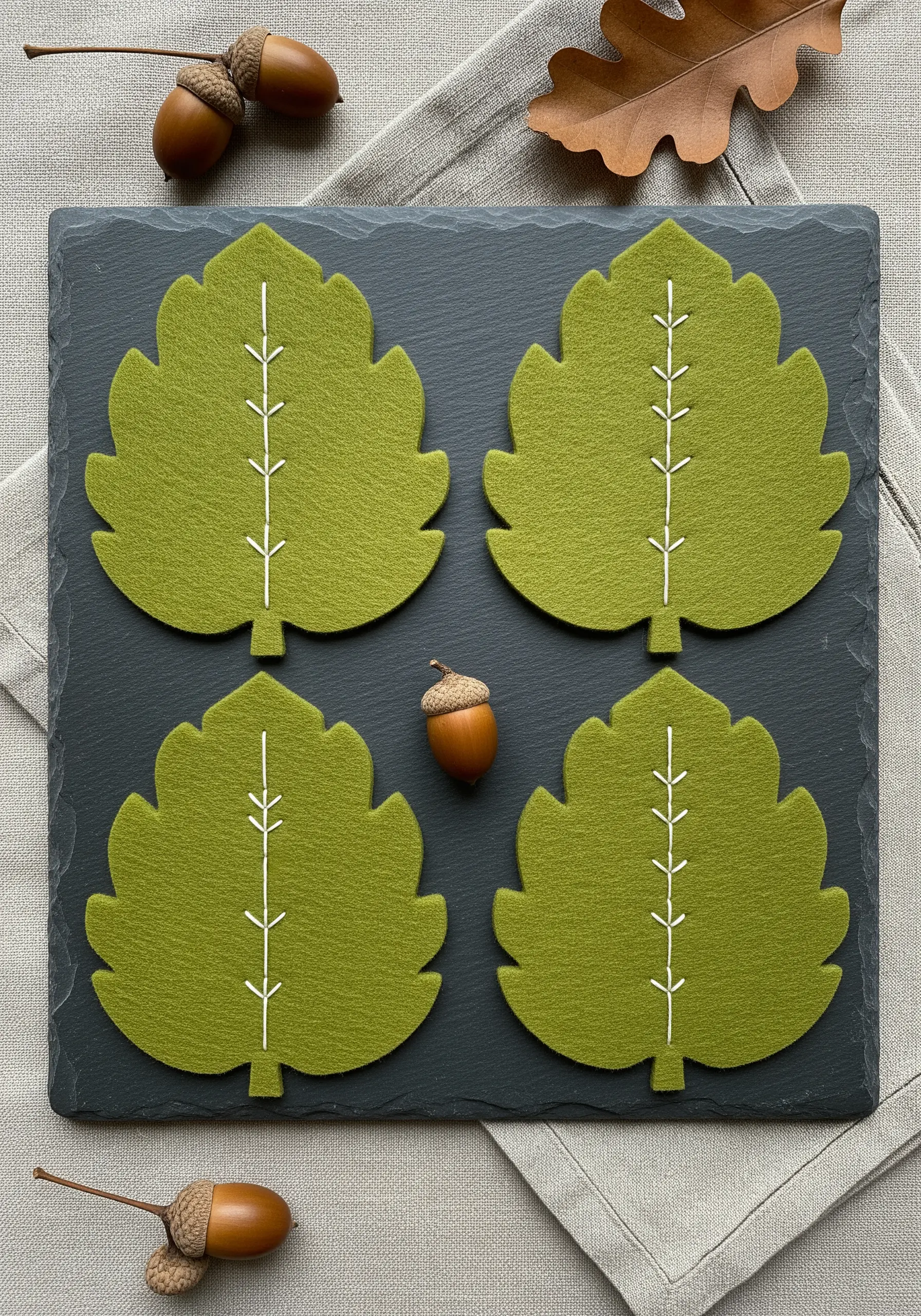 Four green felt leaf-shaped coasters with simple white backstitched veins.