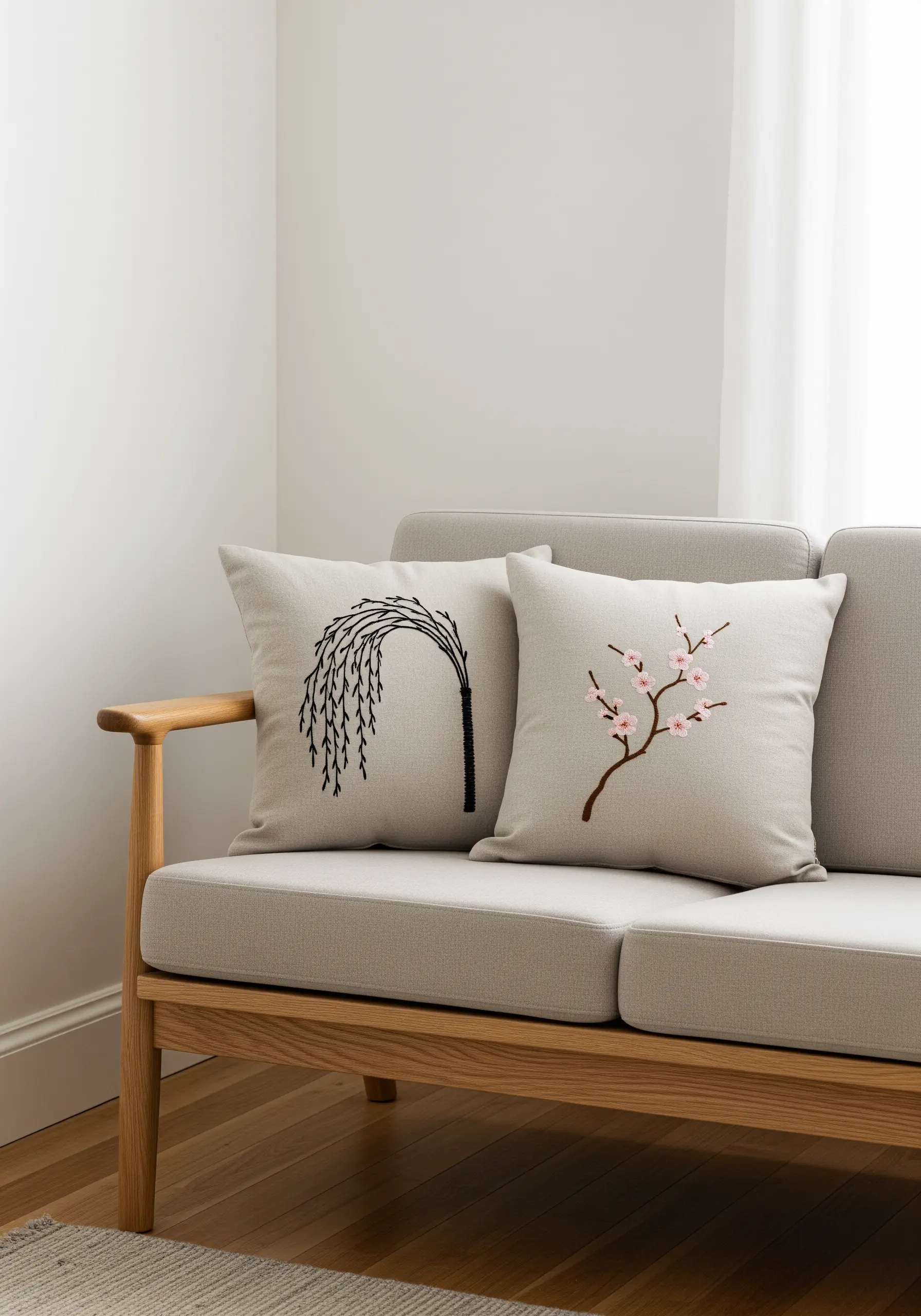 Two minimalist cushions with embroidered cherry blossoms and a weeping willow branch.