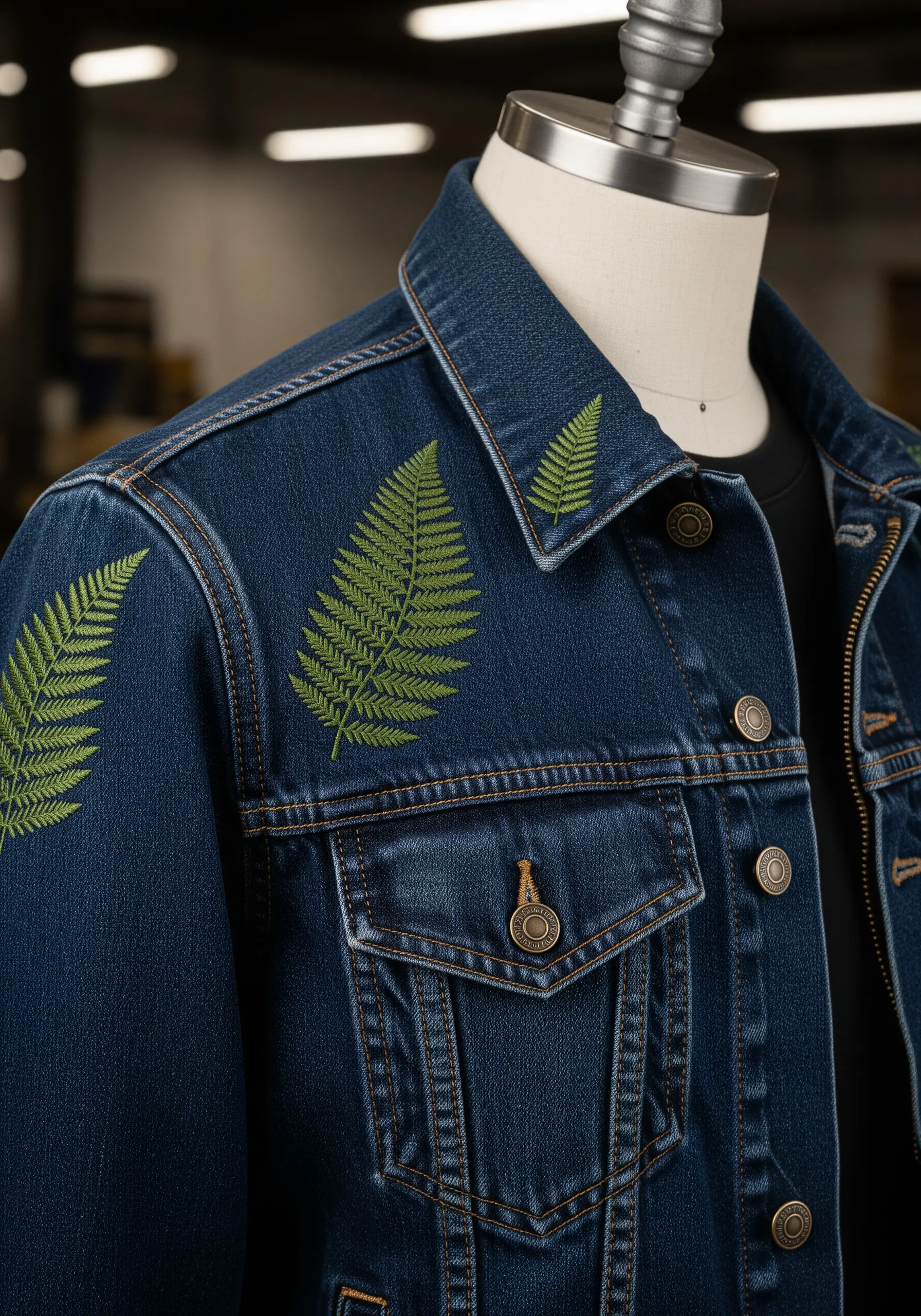 Green fern leaf embroidery on the shoulders of a dark wash denim jacket.