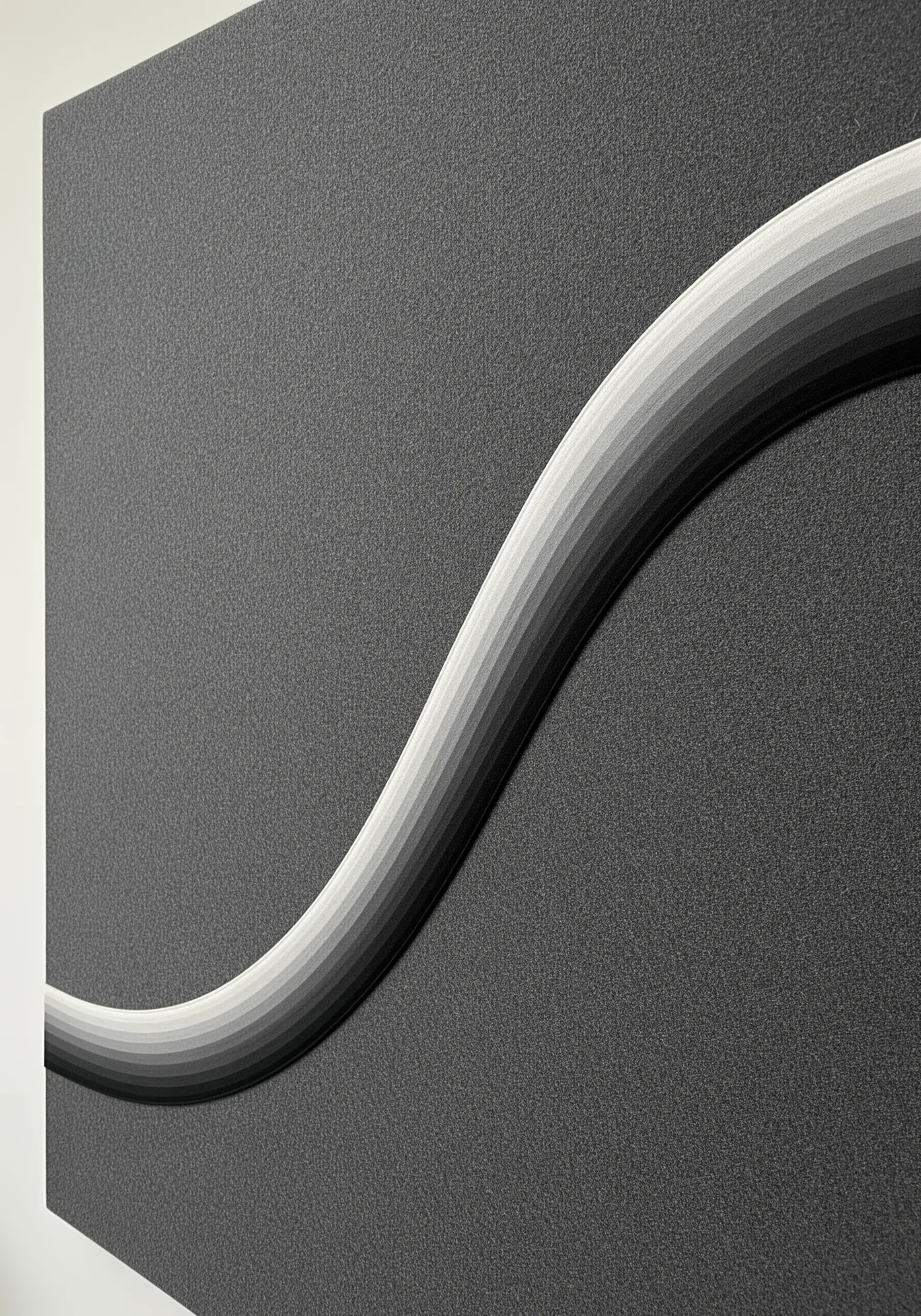 A minimalist wave of satin stitches in a precise grayscale gradient on black canvas.