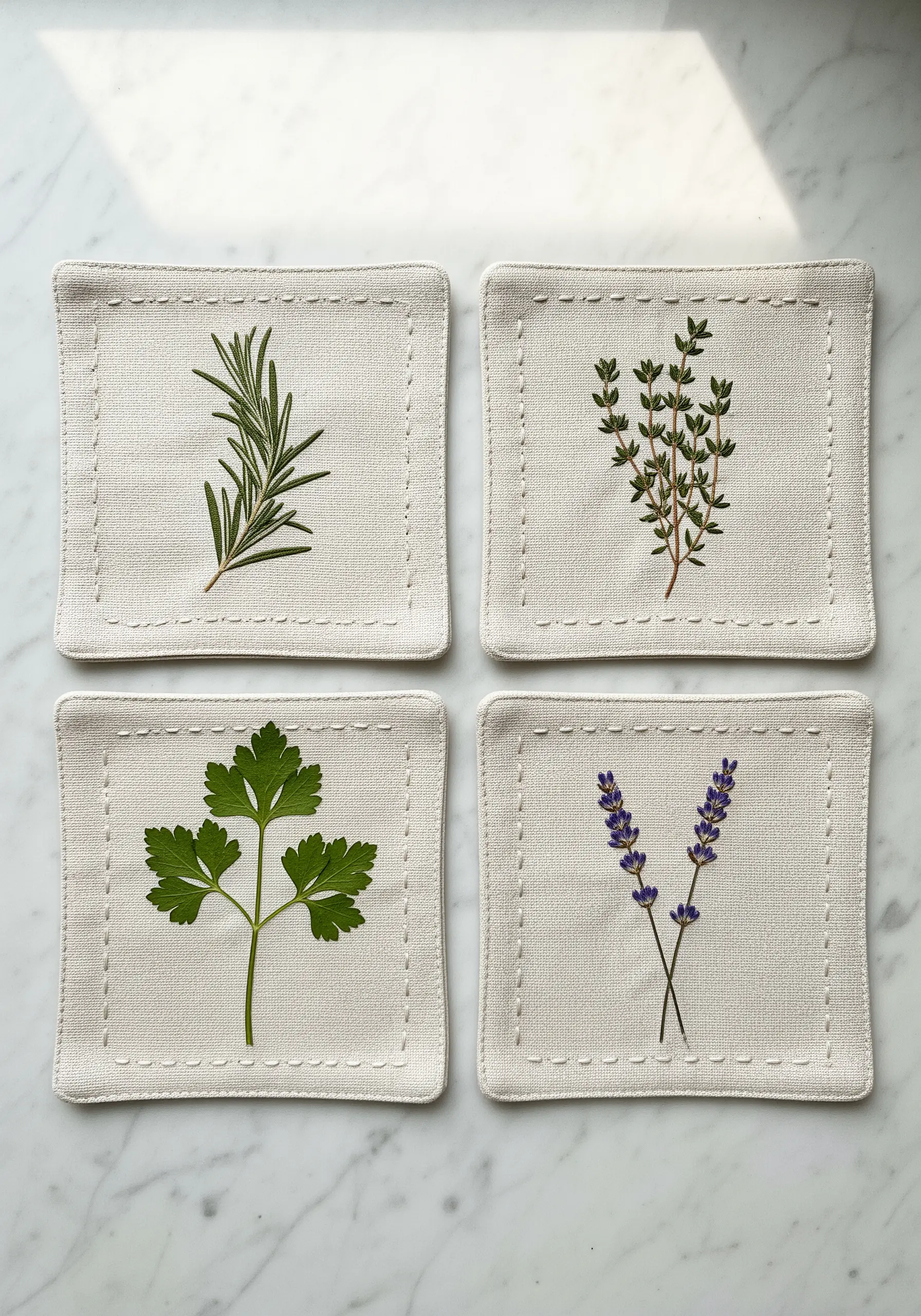 Four linen coasters, each embroidered with a different herb: rosemary, thyme, parsley, and lavender.