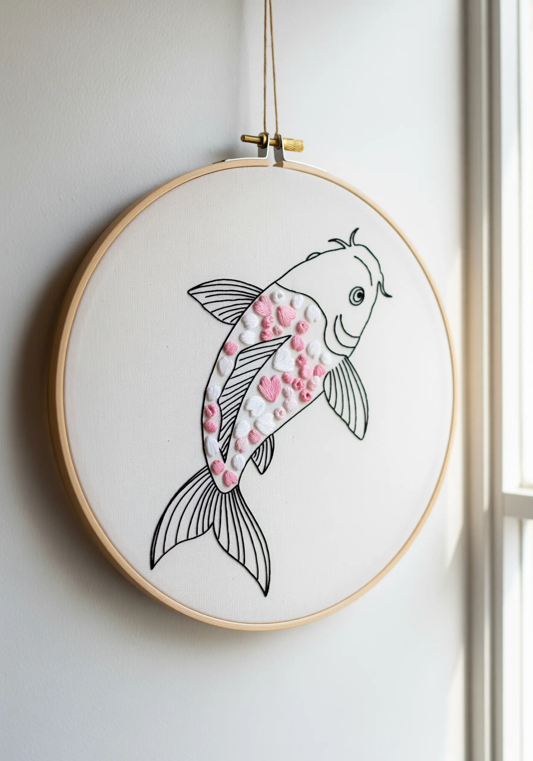A simple black outline of a koi fish with its scales filled in with pink and white woven wheel roses.