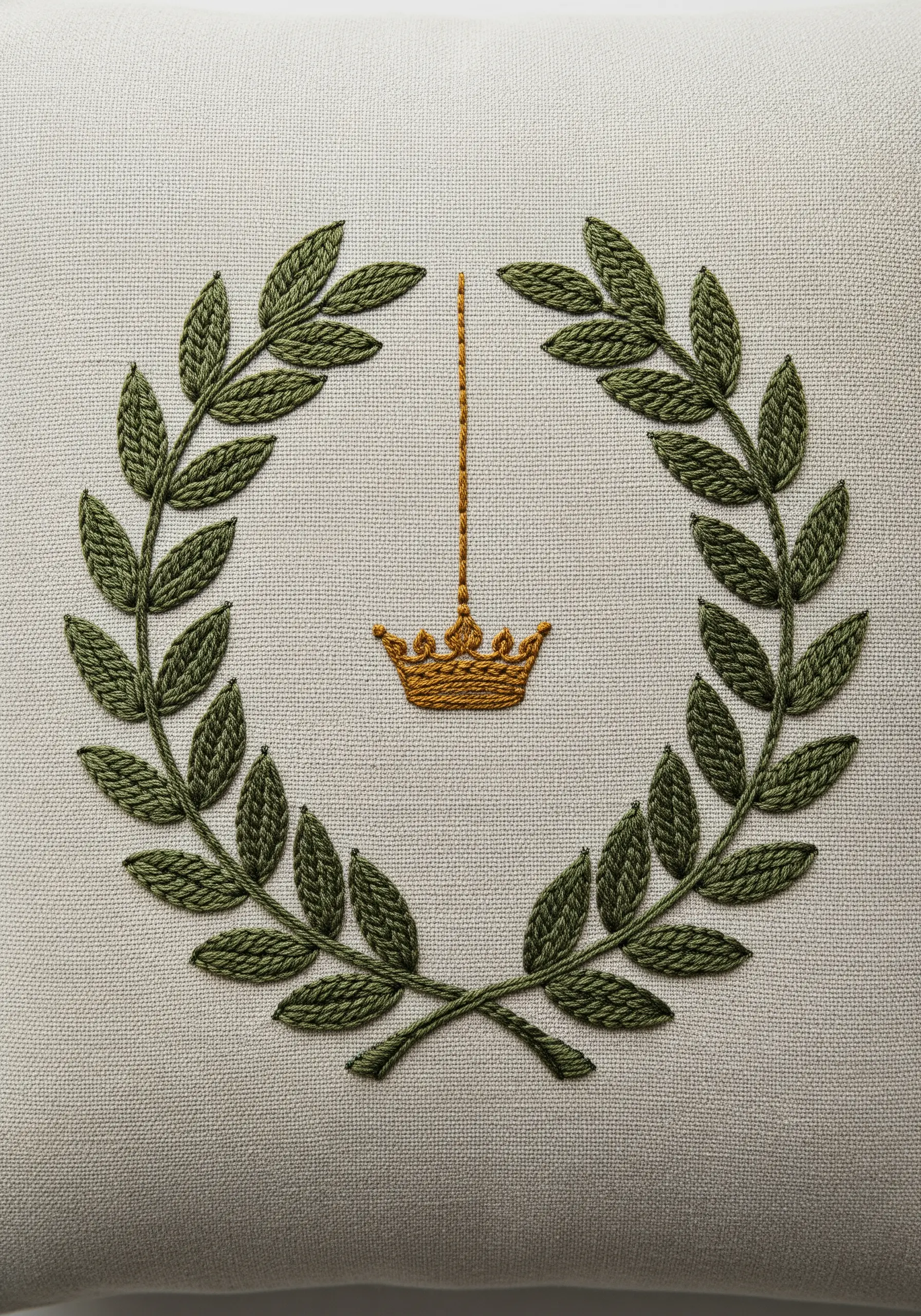 A simple embroidered laurel wreath with a small, suspended crown on a linen cushion.