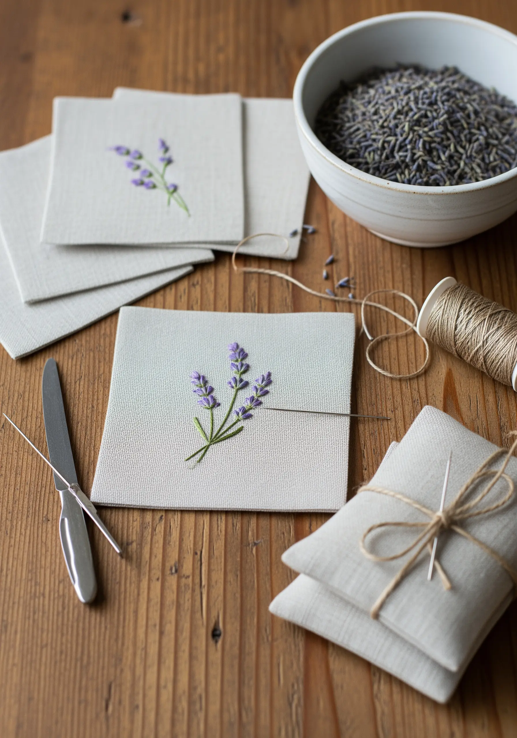 Simple lavender sprig embroidery on small natural linen squares.