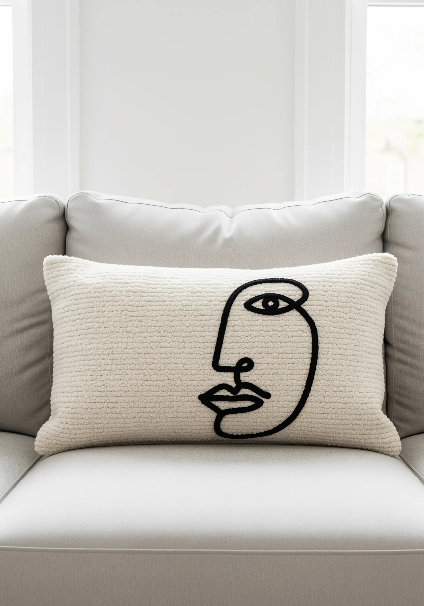 Cream bouclé cushion with a bold, abstract face embroidered in black yarn.