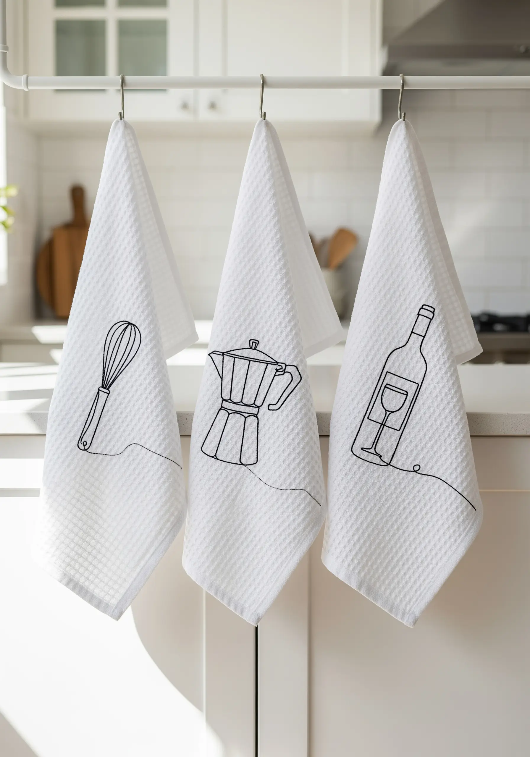 Three white kitchen towels, each with a single-line embroidery design: a whisk, moka pot, and wine bottle.