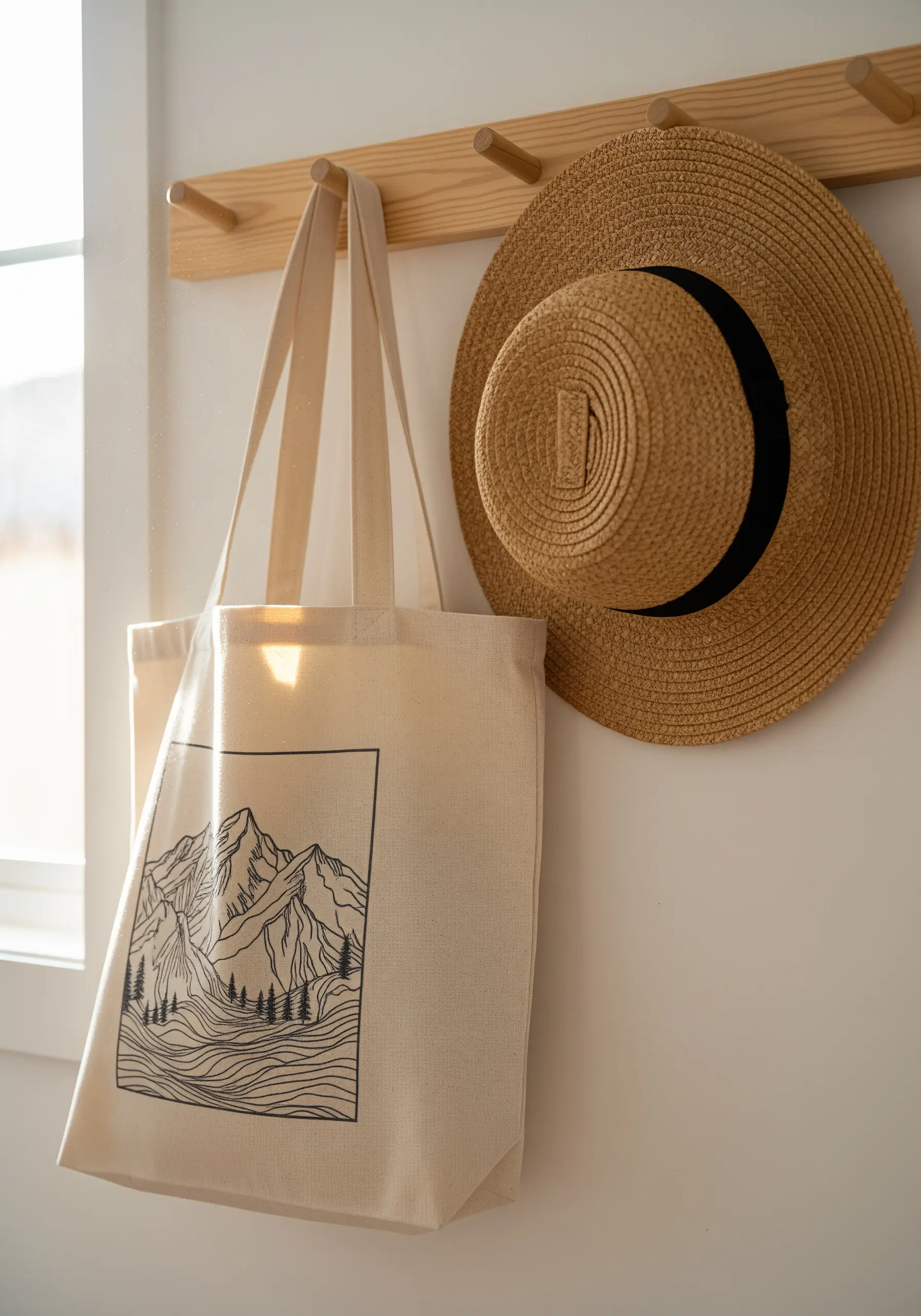 Canvas tote bag with black line art mountain landscape embroidery