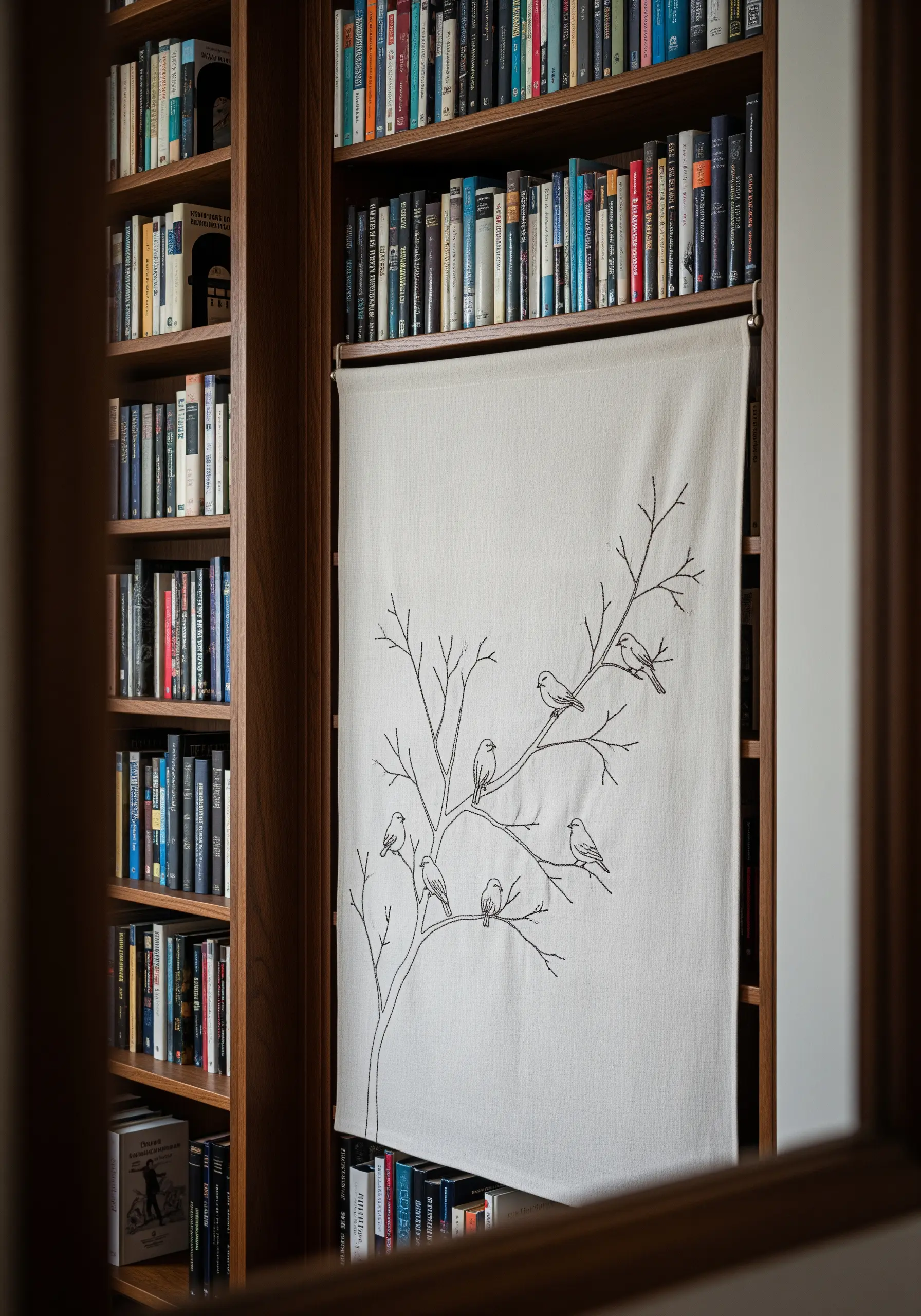 A simple line drawing of birds on a tree branch embroidered on a canvas wall hanging.