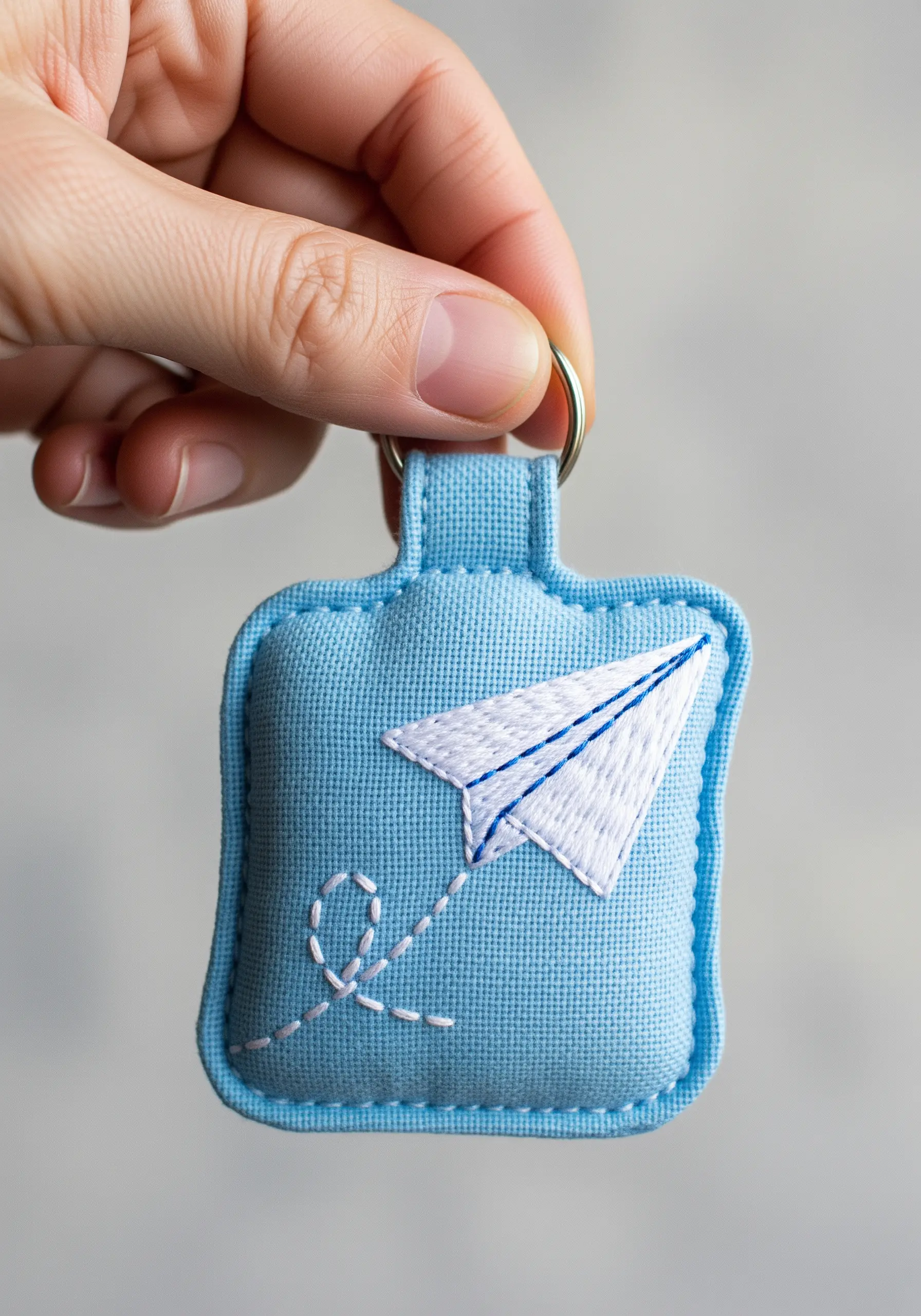 White and blue line art of a paper airplane on a padded blue keychain