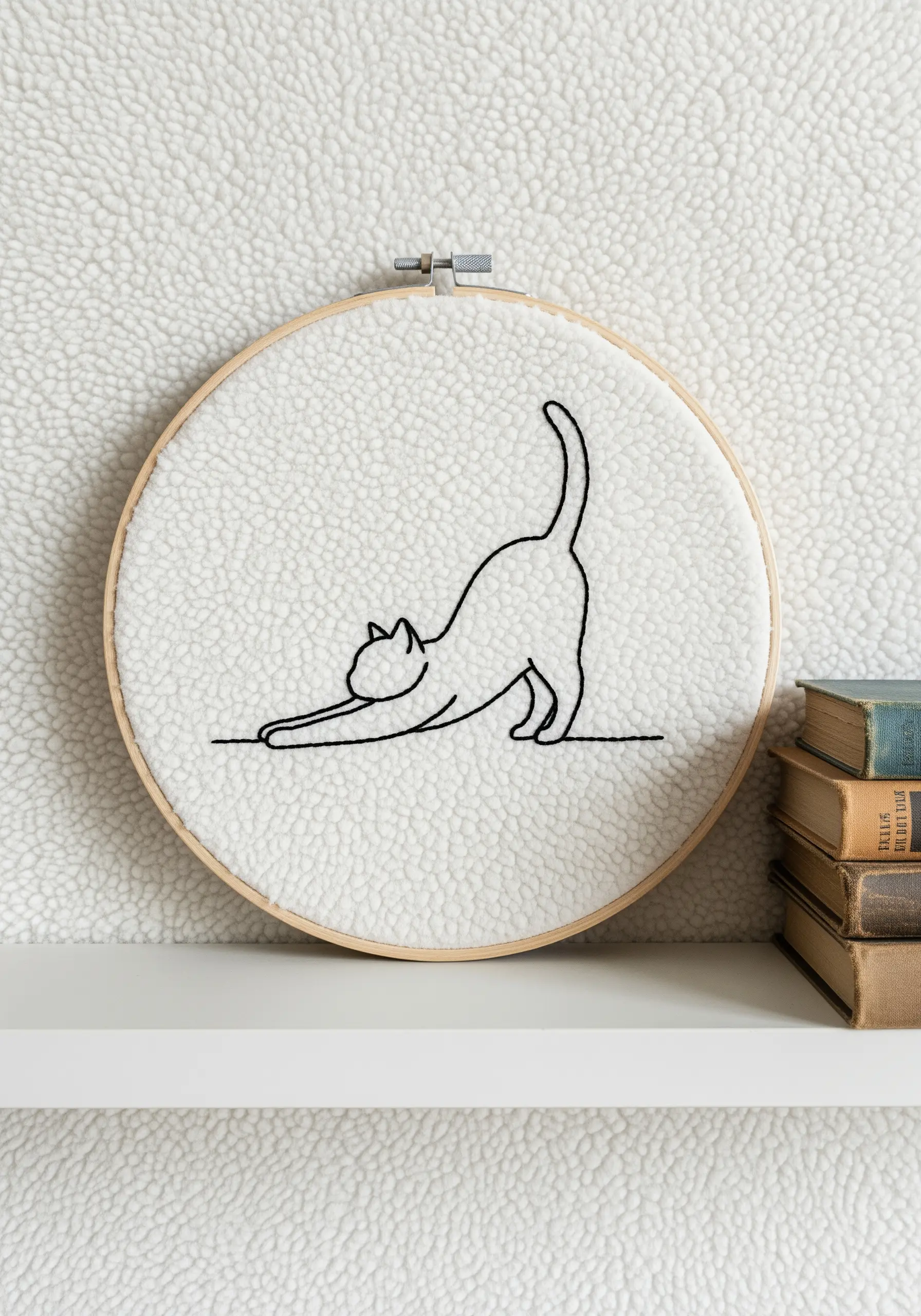 White fluffy fabric in a hoop with a simple black line embroidery of a stretching cat