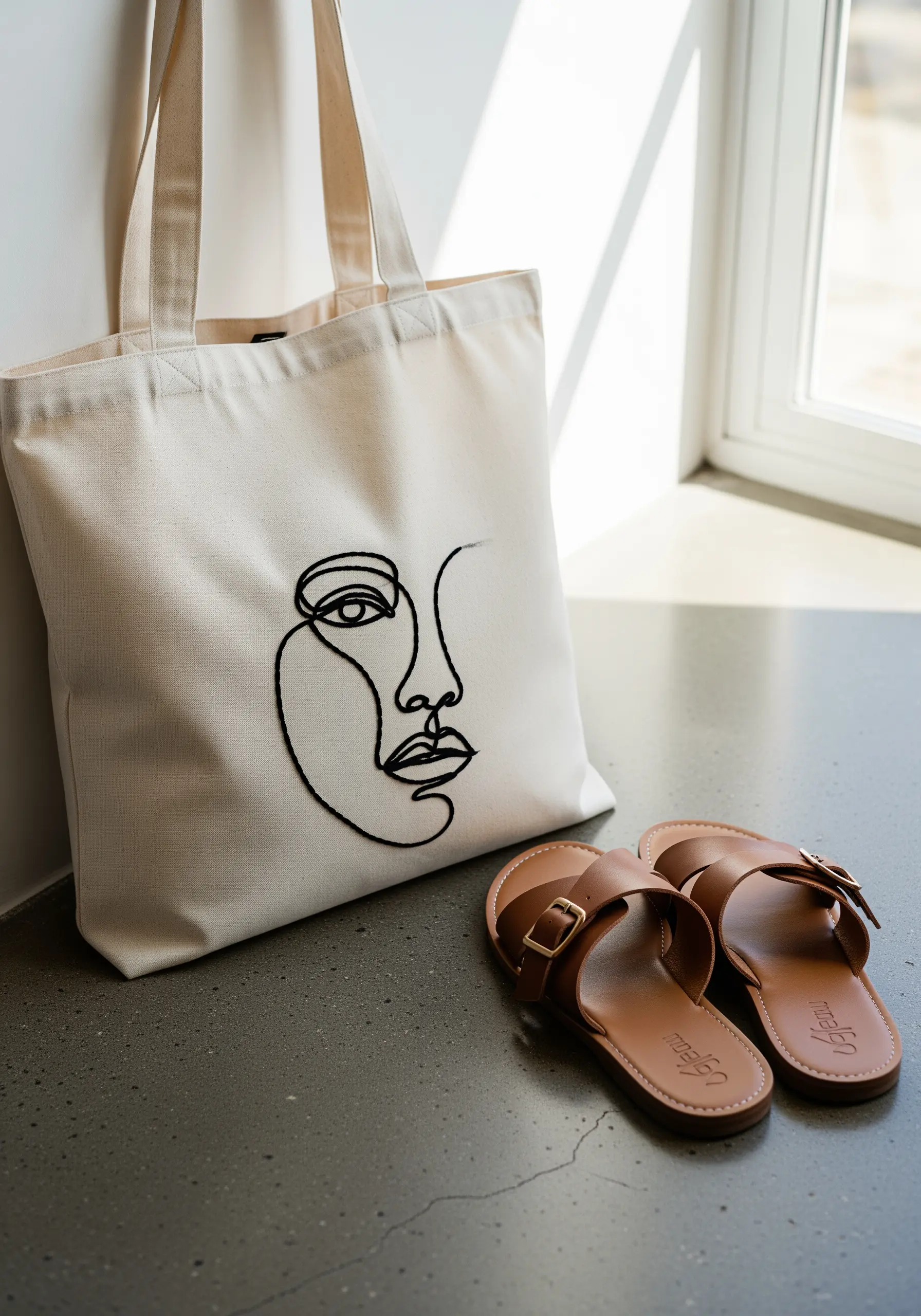 Canvas tote bag embroidered with a minimalist continuous-line face portrait.