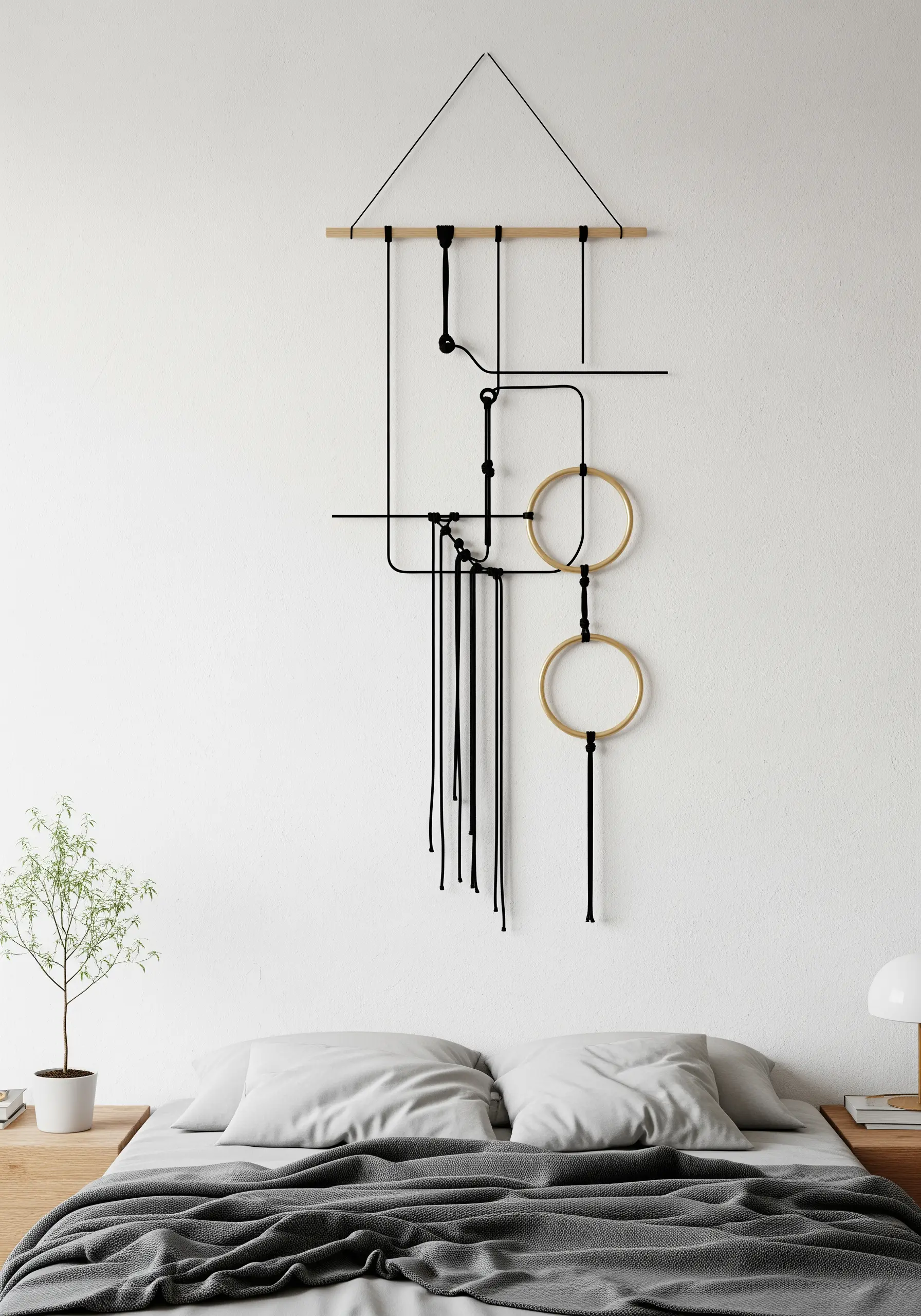 A minimalist black cord and wood hoop wall hanging resembling a circuit board or line drawing.