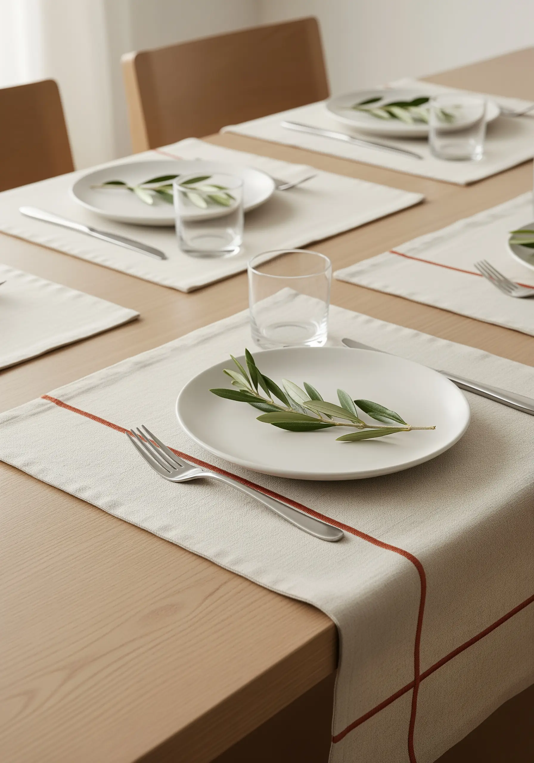 A single terracotta-colored line embroidered as a border on a cream-colored placemat.