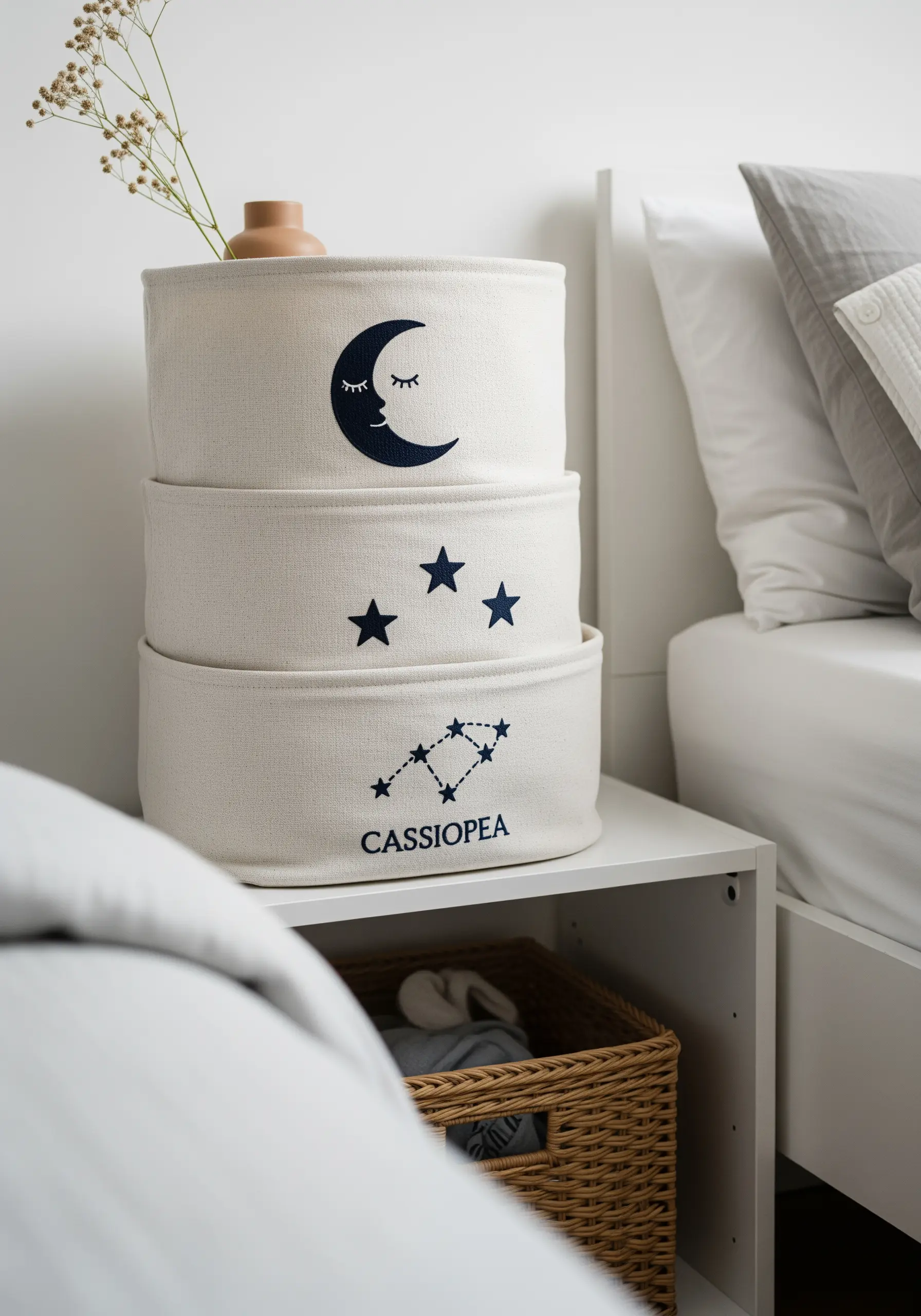 Stacked canvas bins with simple navy blue embroidery of a moon, stars, and Cassiopeia.