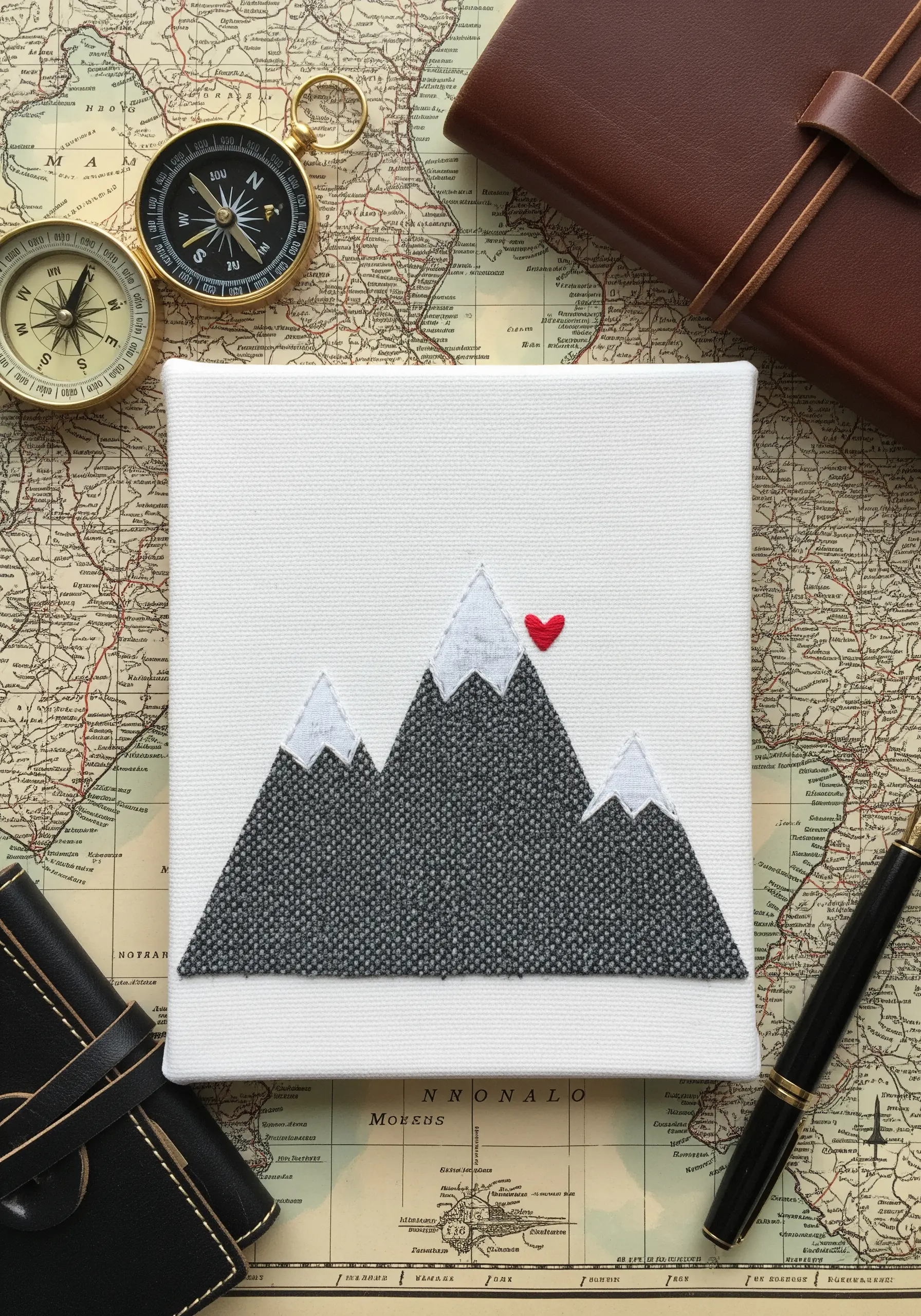 A minimalist mountain collage in grey fabrics with a single, tiny red heart stitched on a peak.