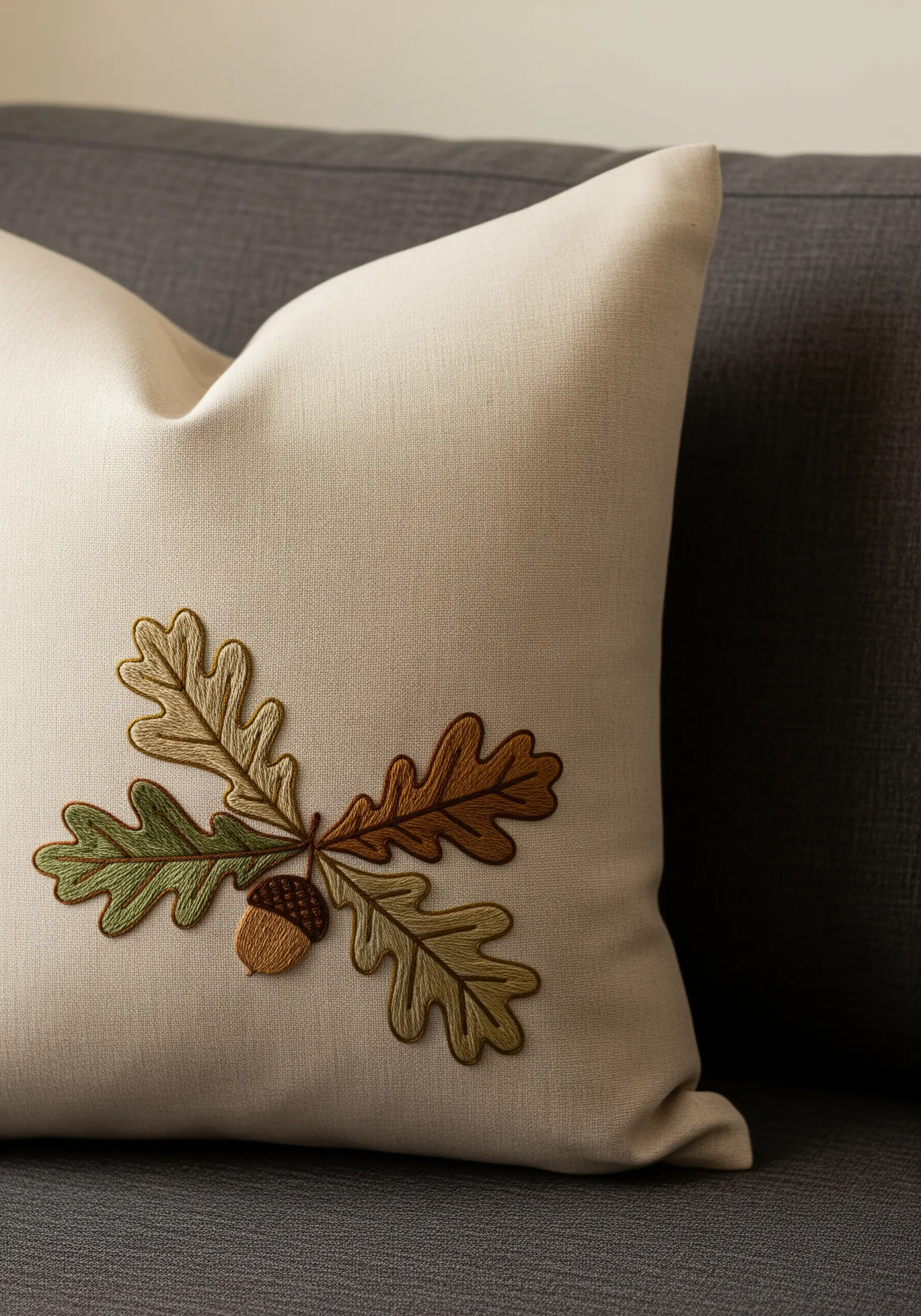 A simple embroidered oak leaf and acorn motif in earthy tones.