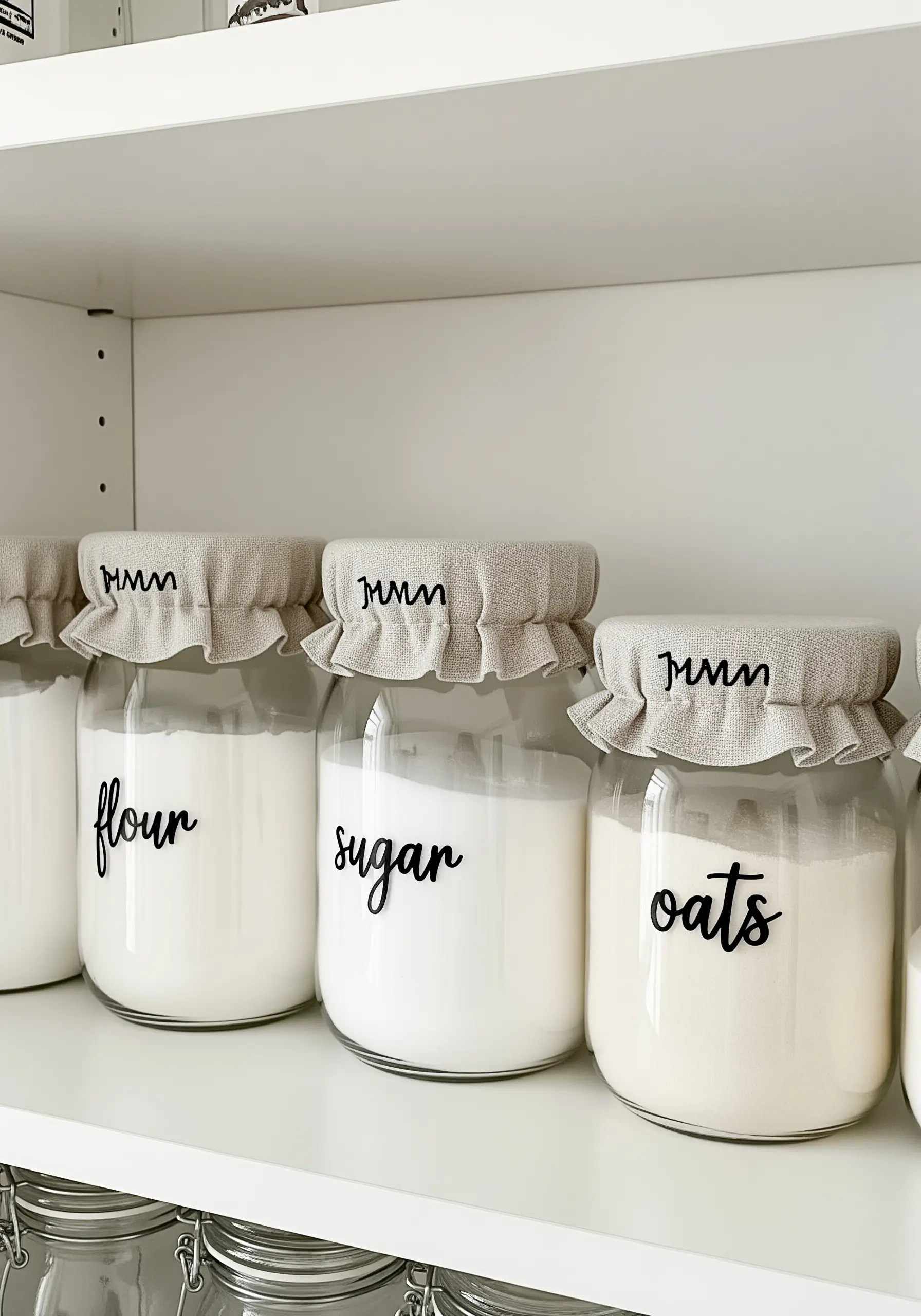 Linen jar covers with a simple, repeating black stitch pattern, used for pantry organization.
