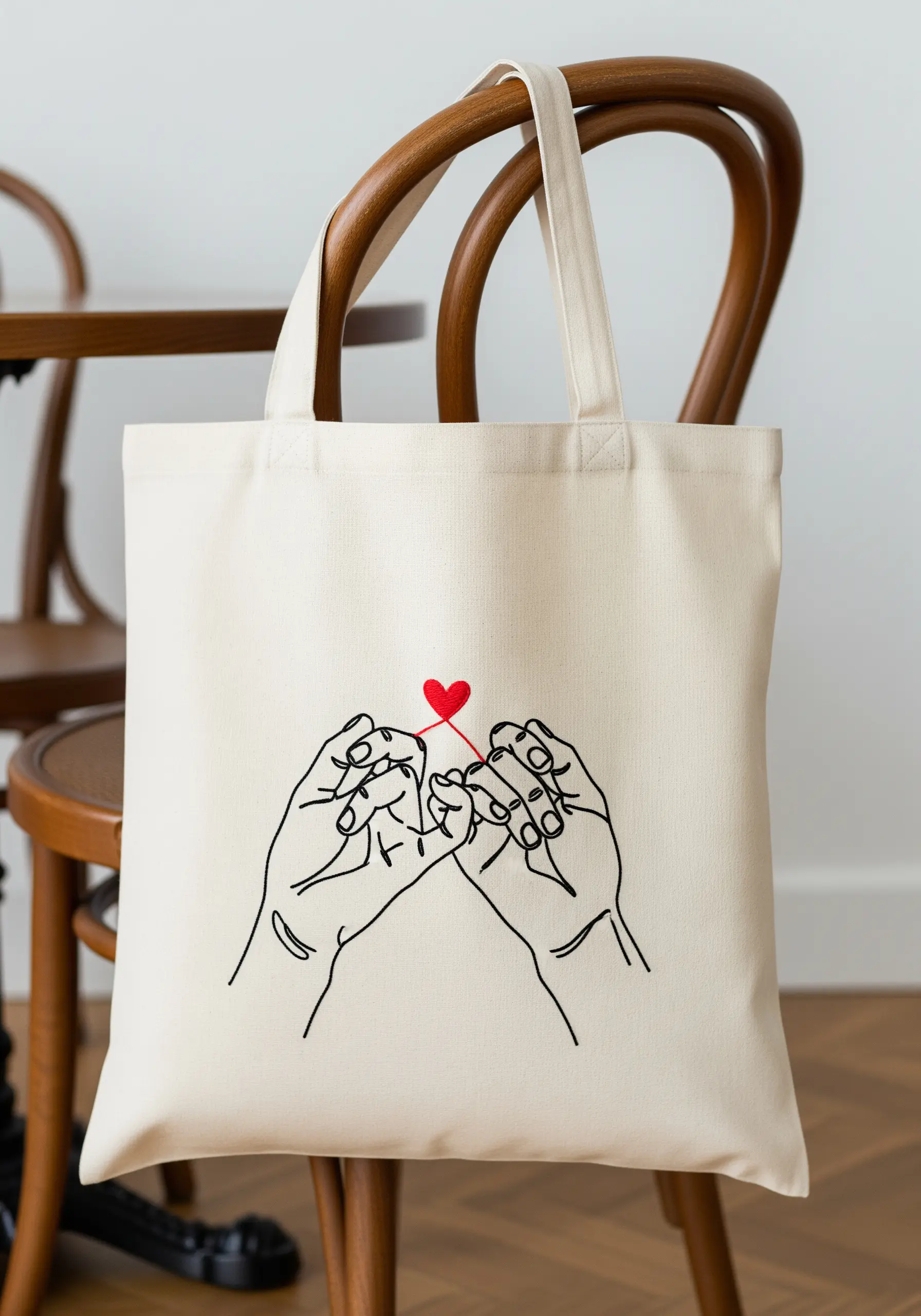 Minimalist black line art embroidery of two hands doing a pinky promise, connected by a red heart.